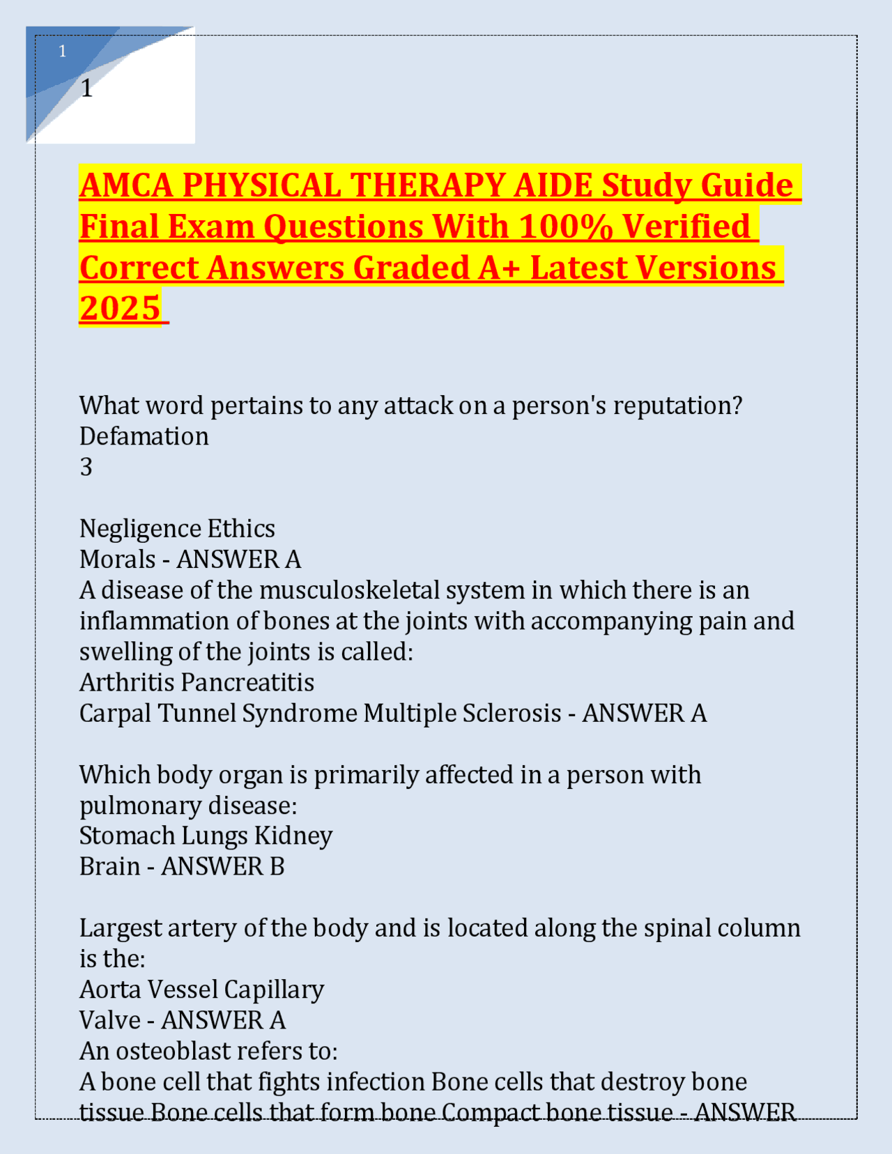 AMCA PHYSICAL THERAPY AIDE Study Guide Final Exam Questions With 100% ...