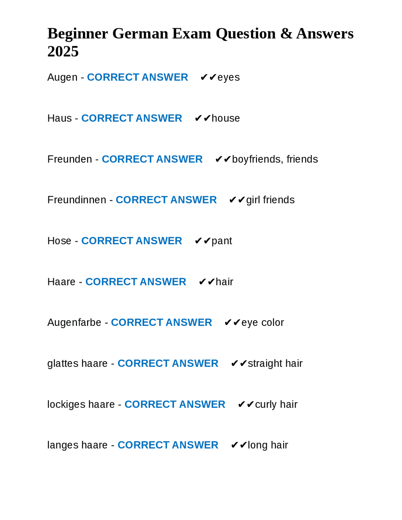 Beginner German Exam Question & Answers 2025 | Exams Nursing | Docsity