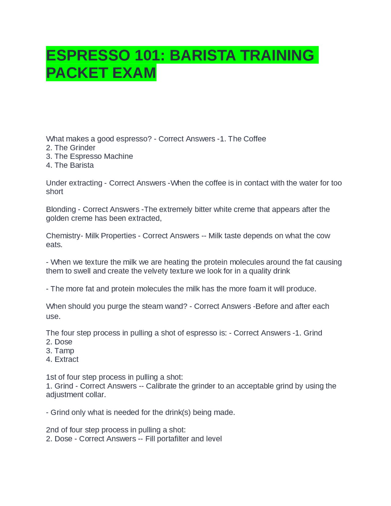 ESPRESSO 101 BARISTA TRAINING PACKET EXAM QUESTIONS WITH 100% CORRECT ...