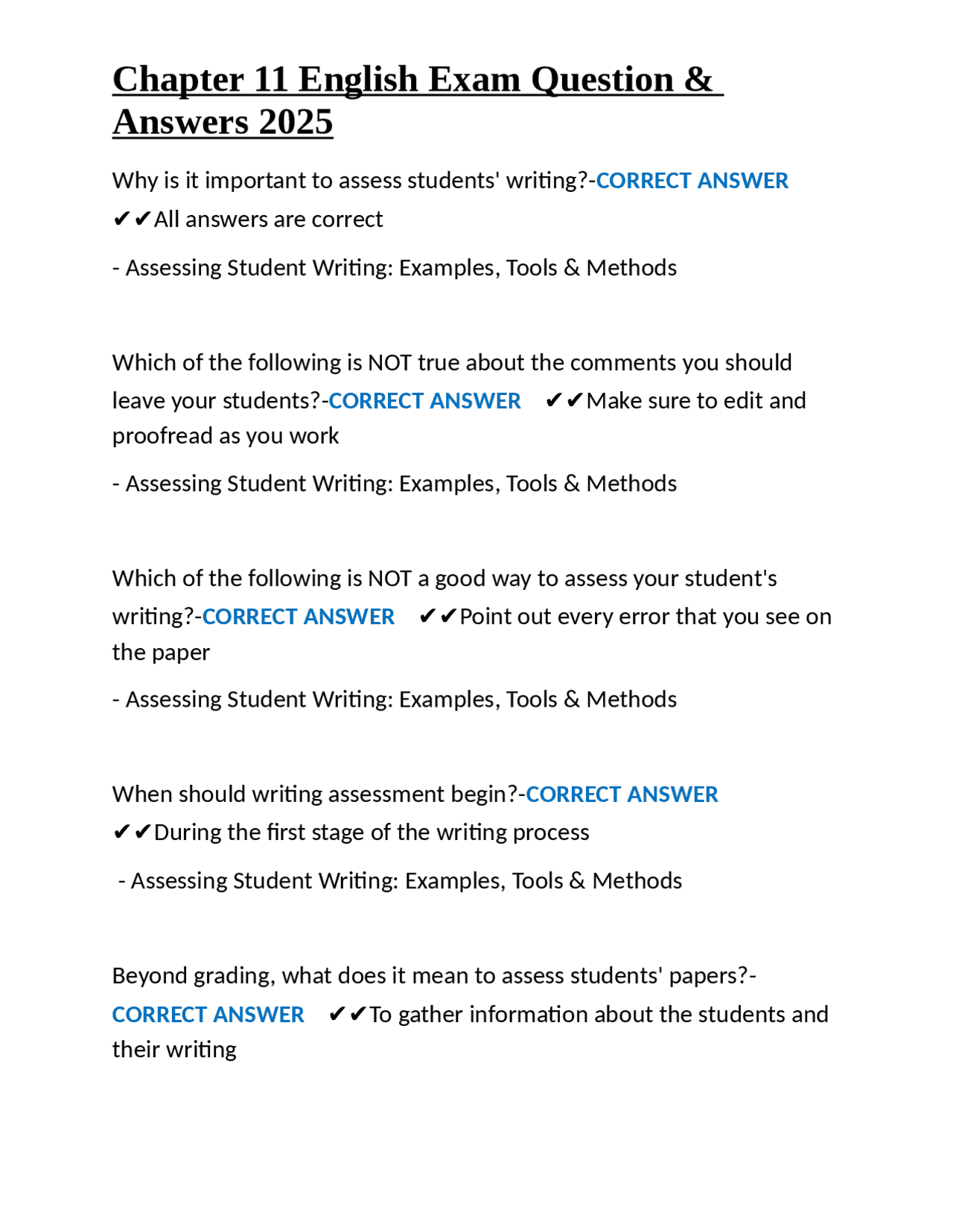 Chapter 11 English Exam Question & Answers 2025 | Exams Nursing | Docsity