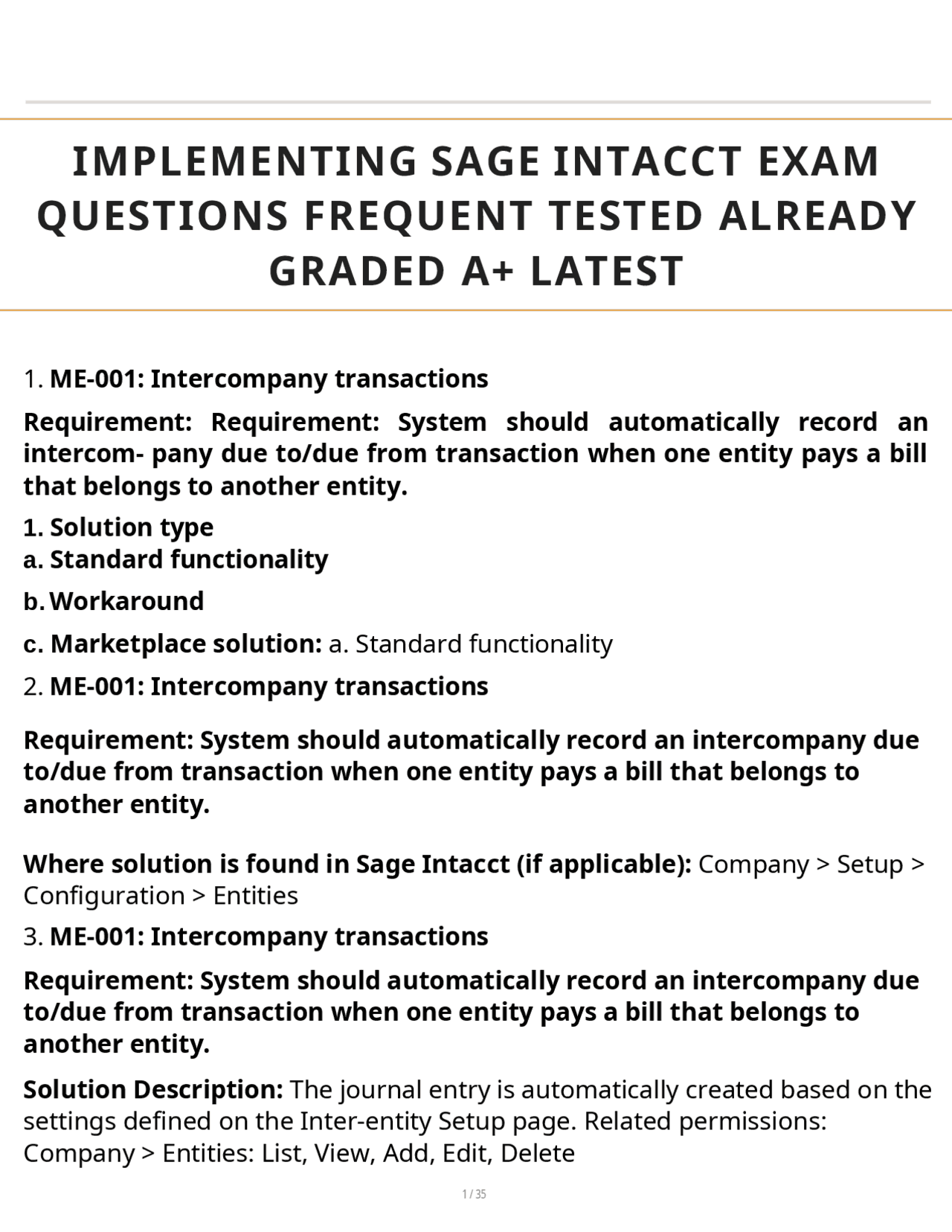 IMPLEMENTING SAGE INTACCT EXAM QUESTIONS FREQUENT TESTED ALREADY GRADED ...