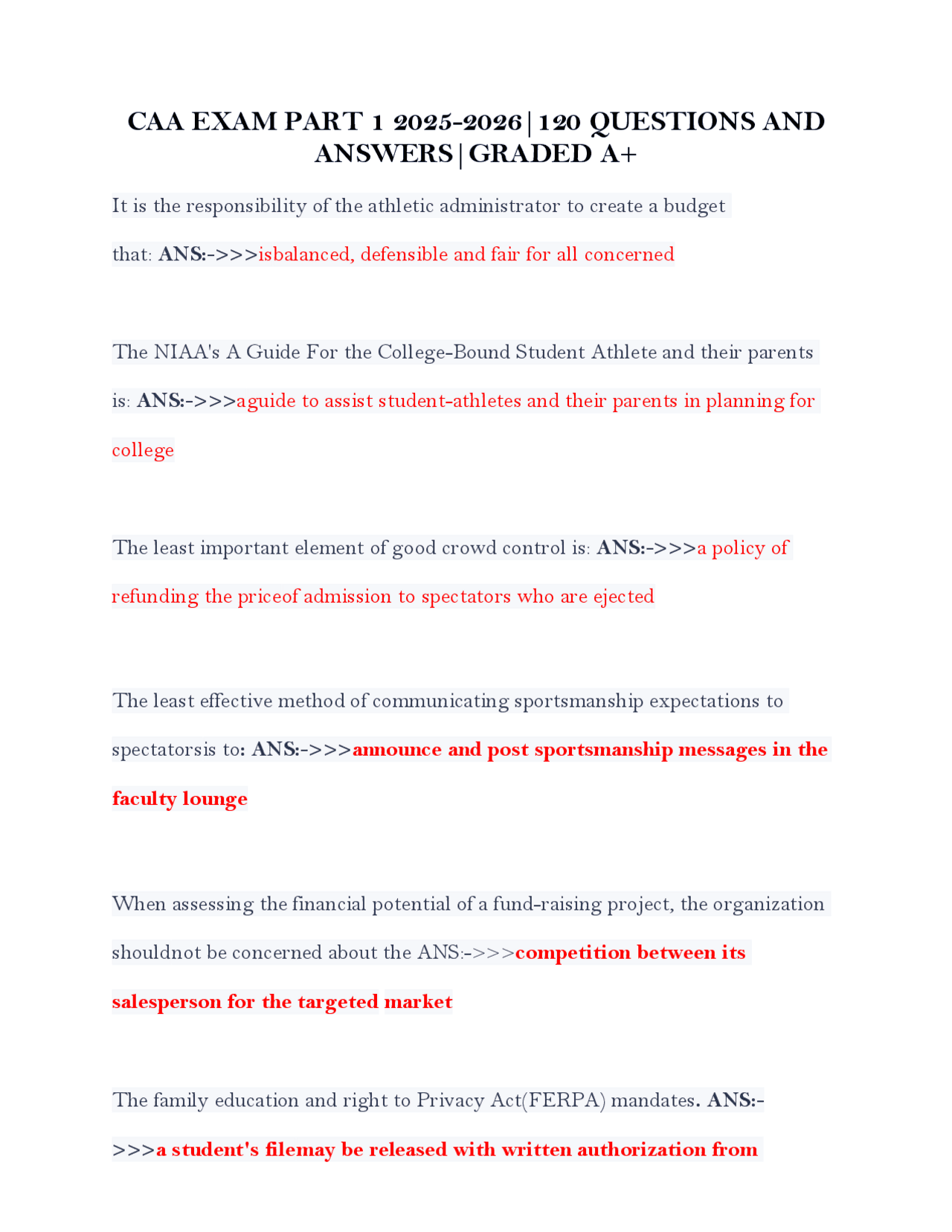 CAA EXAM PART 1 2025-2026|120 QUESTIONS AND ANSWERS|GRADED A+ | Exams ...