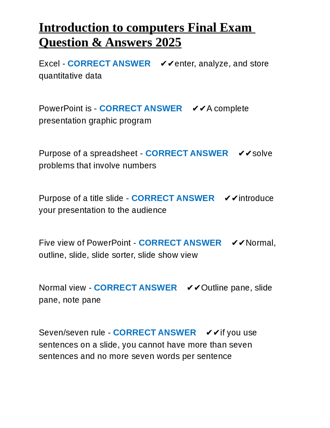 Introduction to Computers Final Exam: Questions and Answers | Exams ...