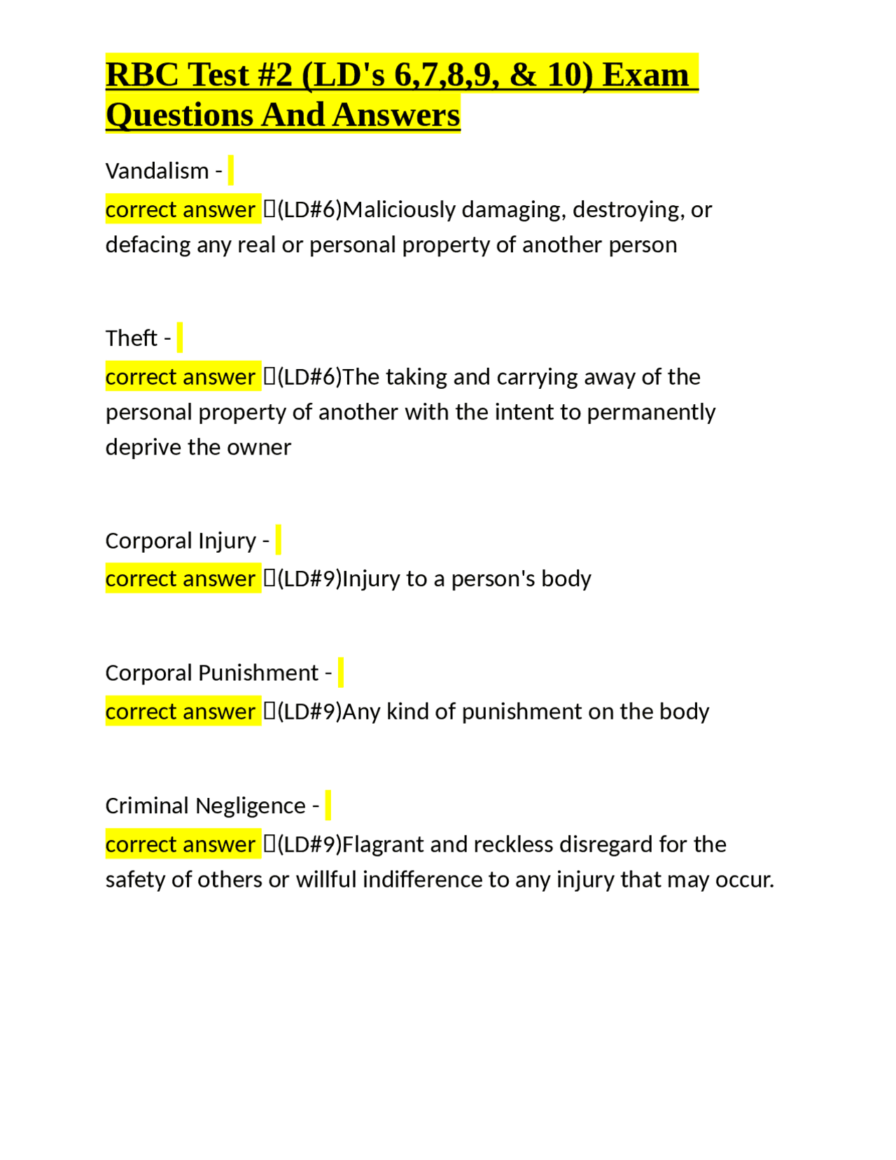 RBC Test #2 (LD's 6,7,8,9, & 10) Exam Questions And Answers | Exams Law ...