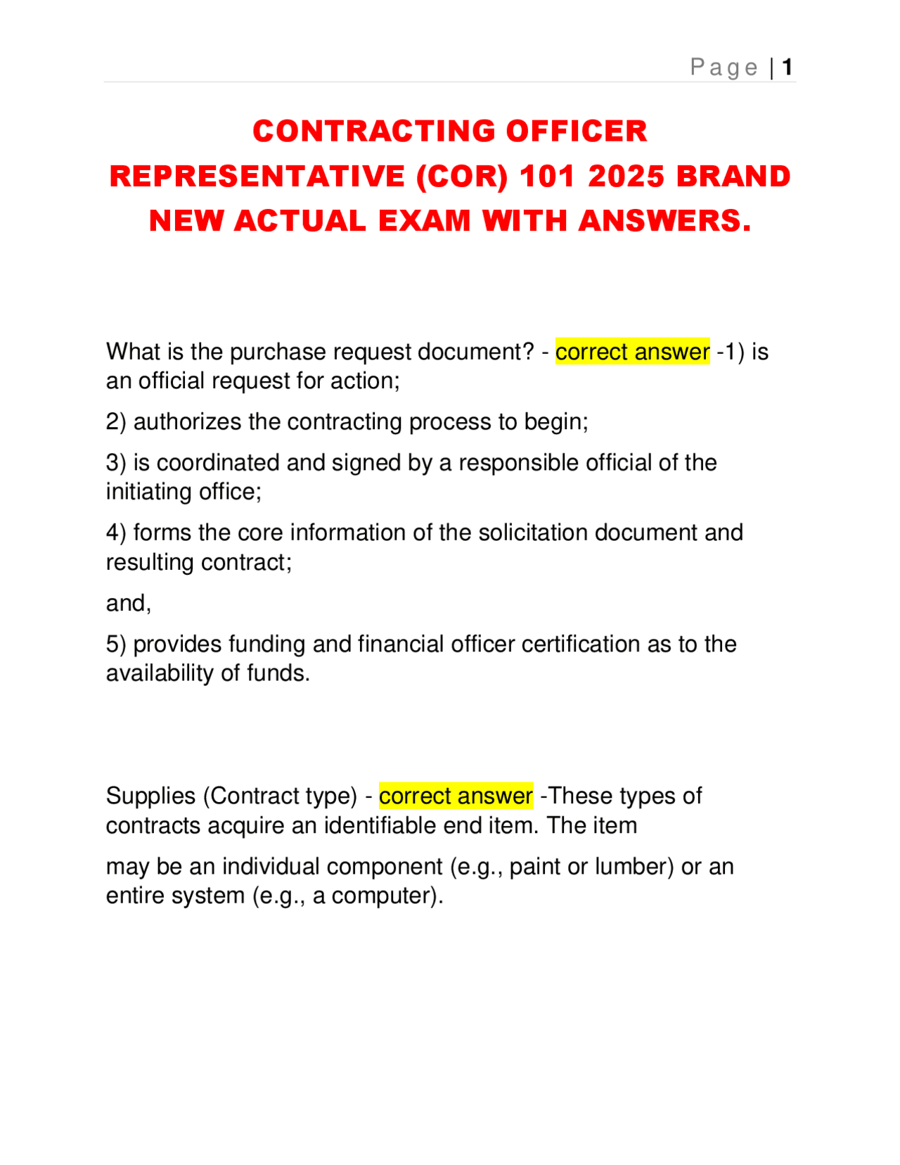 Exam Questions and Answers on Contracting Officer Representative (COR ...