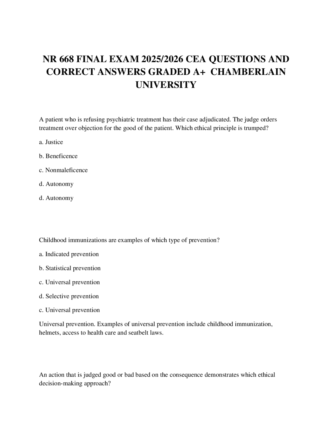 NR 668 FINAL EXAM 2025/2026 CEA QUESTIONS AND CORRECT ANSWERS GRADED A+ ...