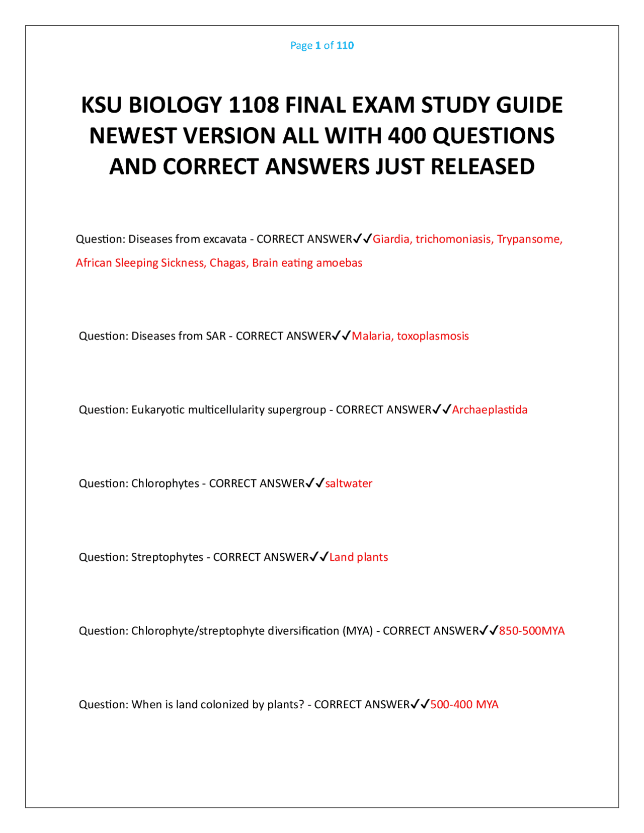 KSU BIOLOGY 1108 FINAL EXAM STUDY GUIDE NEWEST VERSION ALL WITH 400