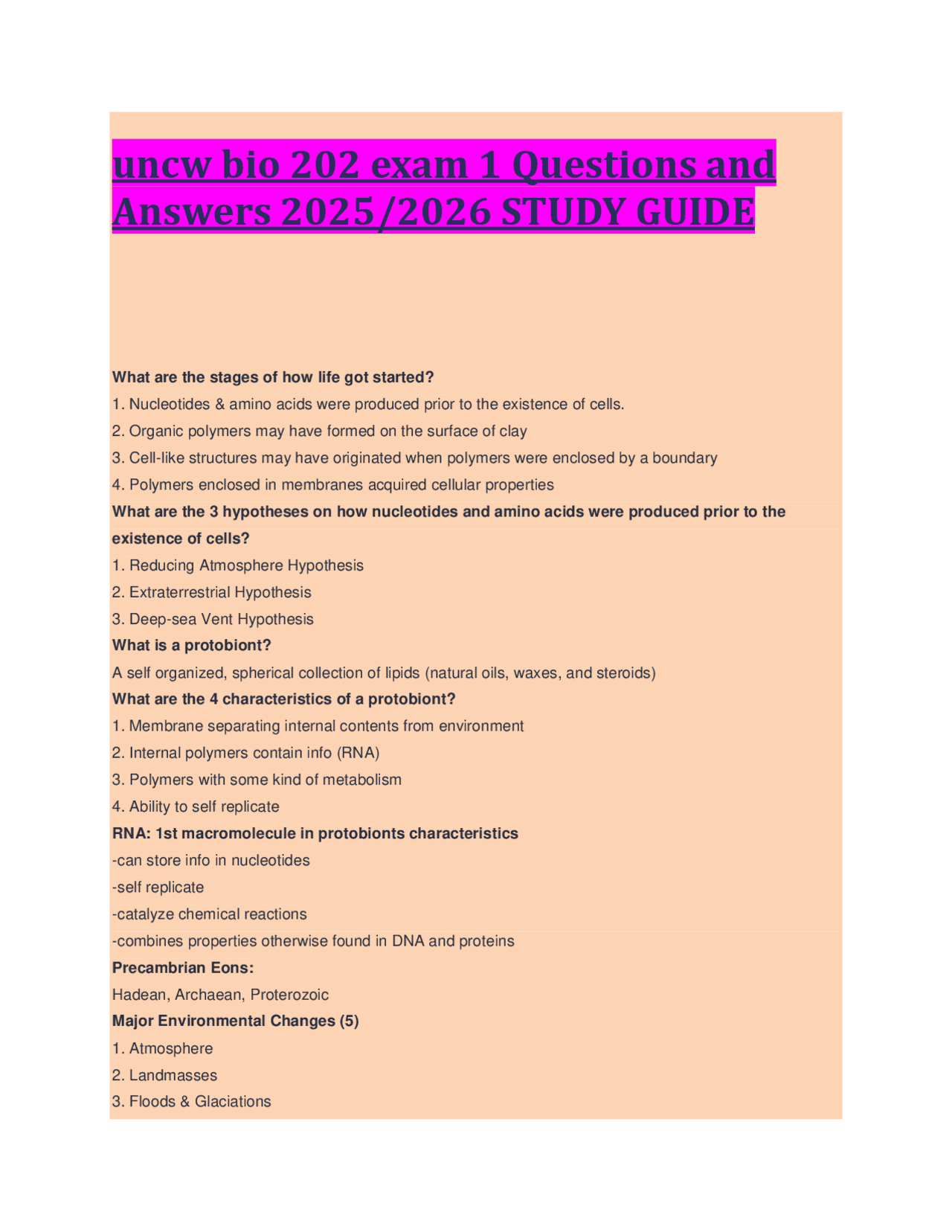 UNCW BIO 202 Exam 1 Study Guide: Origins of Life, Evolutionary Biology ...