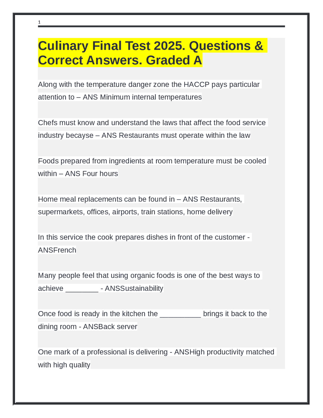 Culinary Final Test 2025. Questions & Correct Answers. Graded A | Exams ...