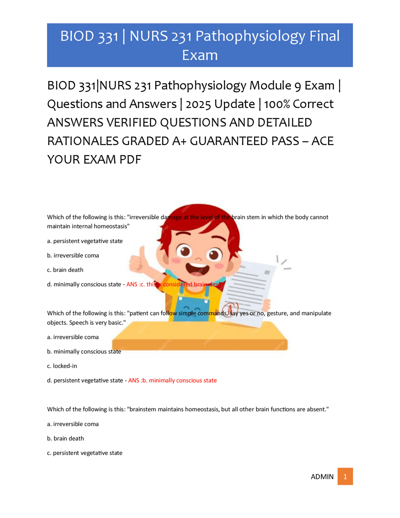BIOD 331|NURS 231 Pathophysiology Module 9 Exam | Questions and Answers ...