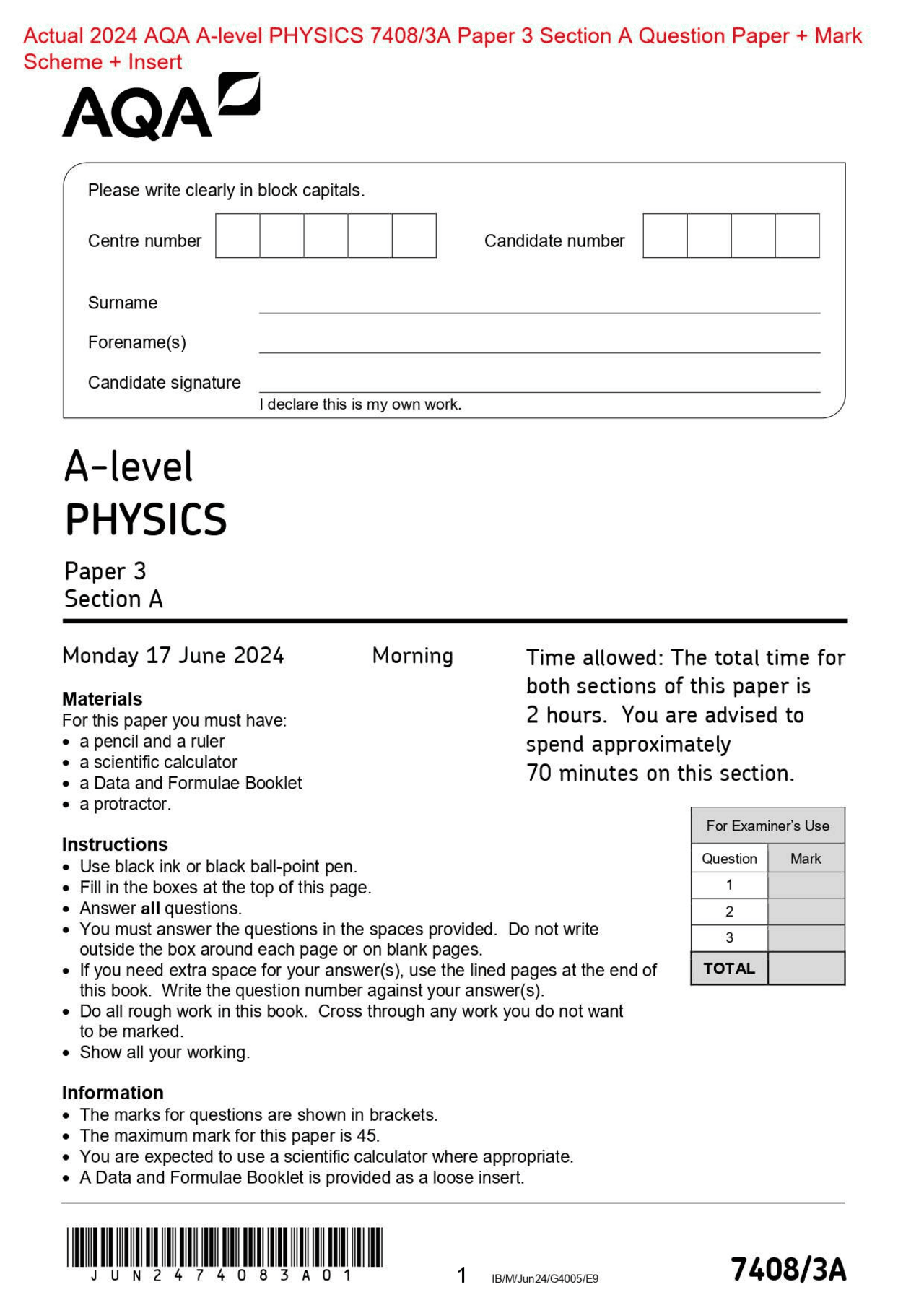 Actual 2024 AQA A-level PHYSICS 7408/3A Paper 3 Section A Question ...