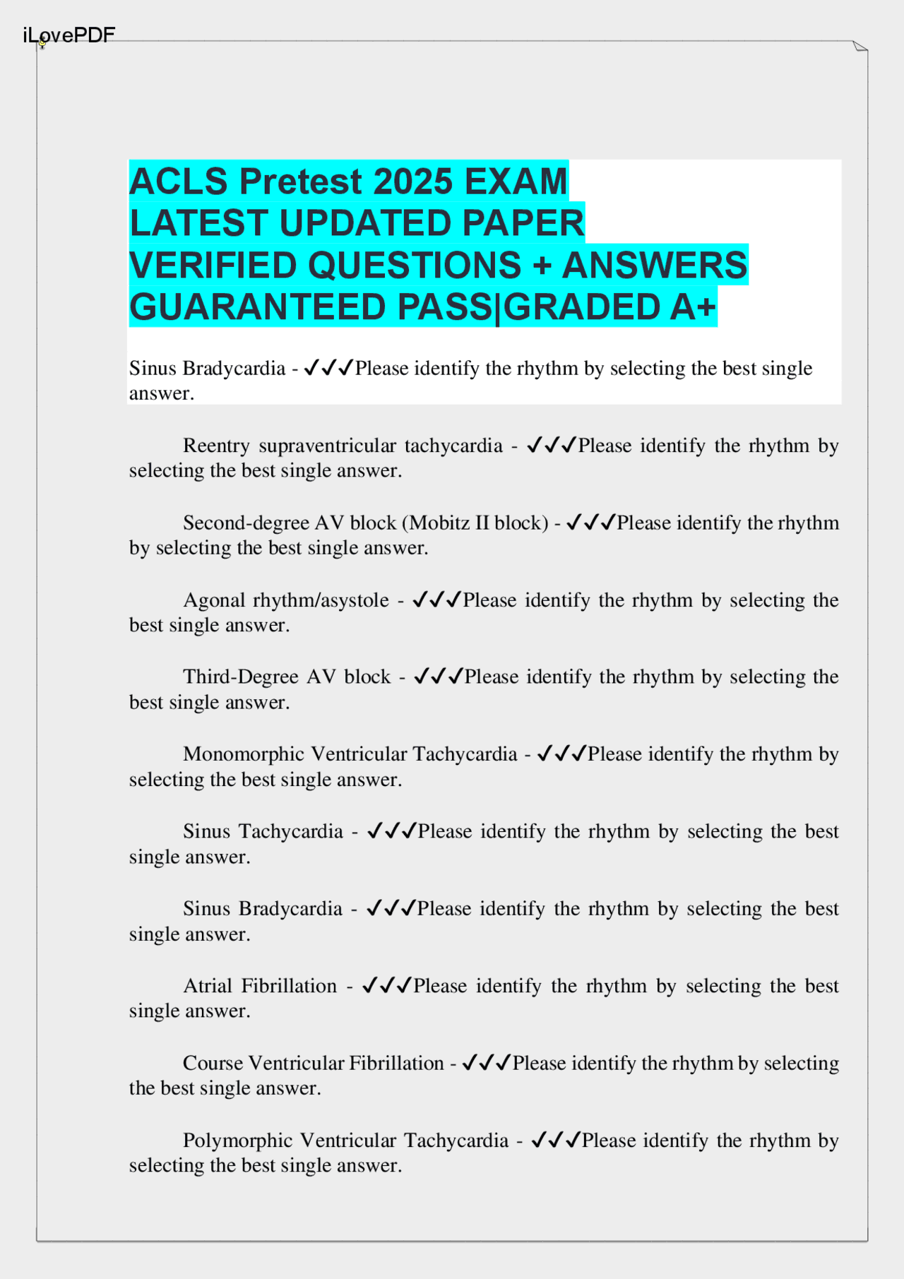 ACLS Pretest 2025 EXAM LATEST UPDATED PAPER VERIFIED QUESTIONS ...