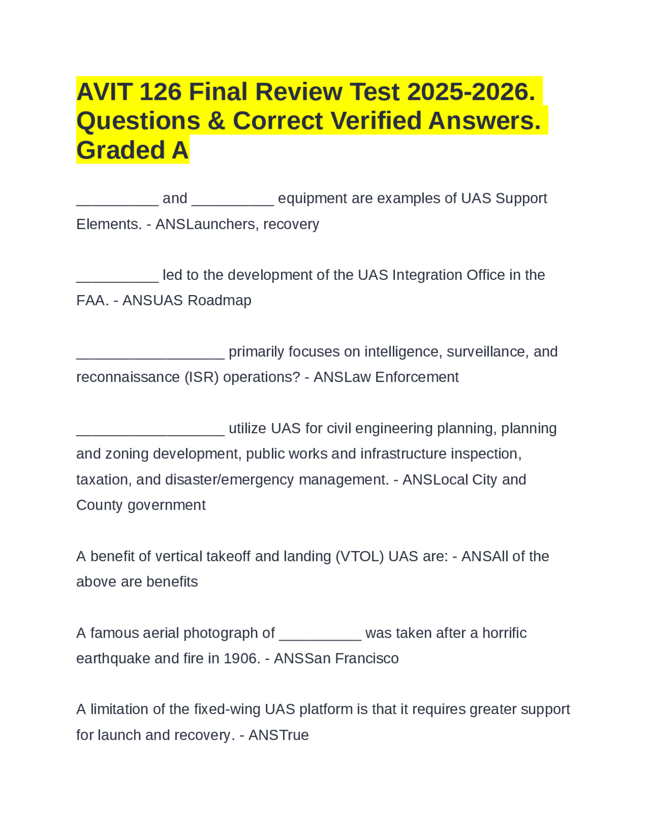 AVIT 126 Final Review Test 2025-2026. Questions & Correct Verified ...