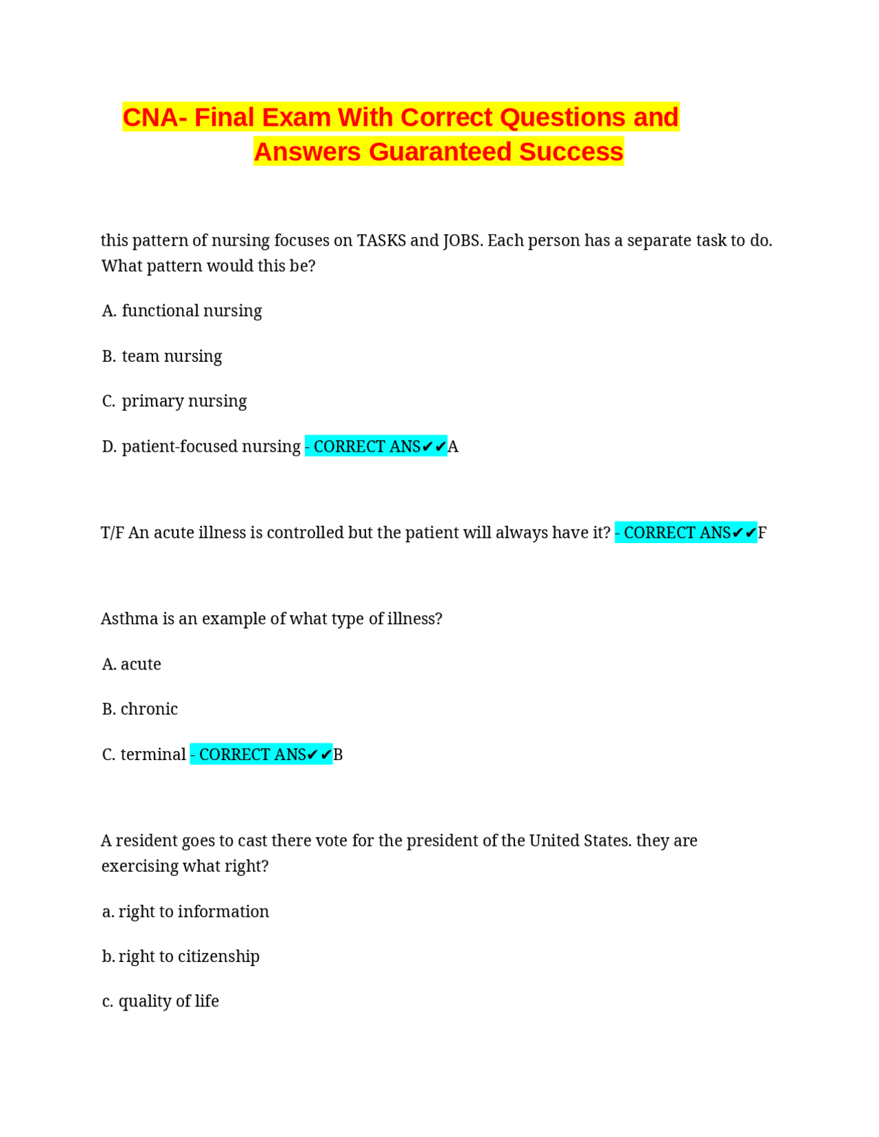 CNA Final Exam Questions and Answers: Comprehensive Review for ...