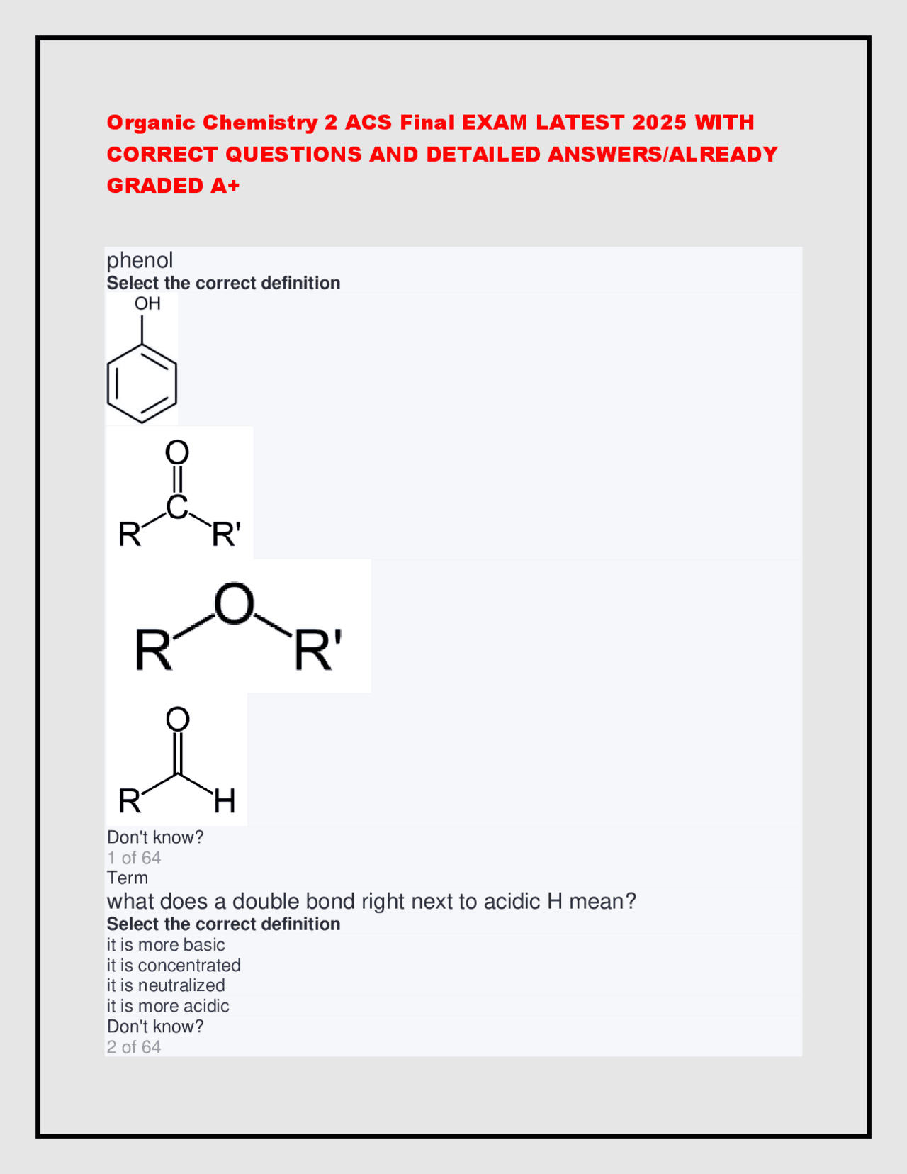 Organic Chemistry 2 ACS Final EXAM LATEST 2025 WITH CORRECT QUESTIONS ...
