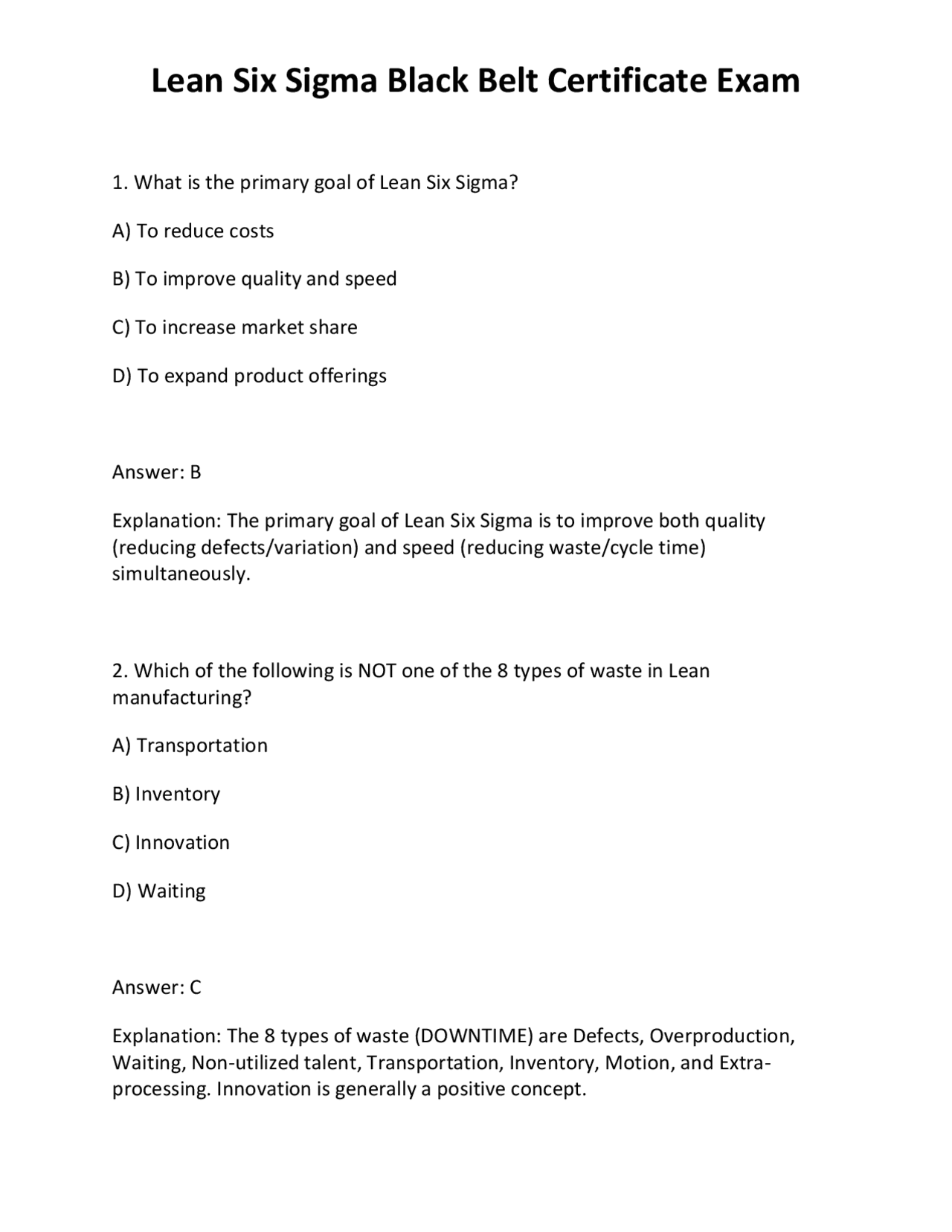 Lean Six Sigma Black Belt Certificate Exam | Exams Technology | Docsity