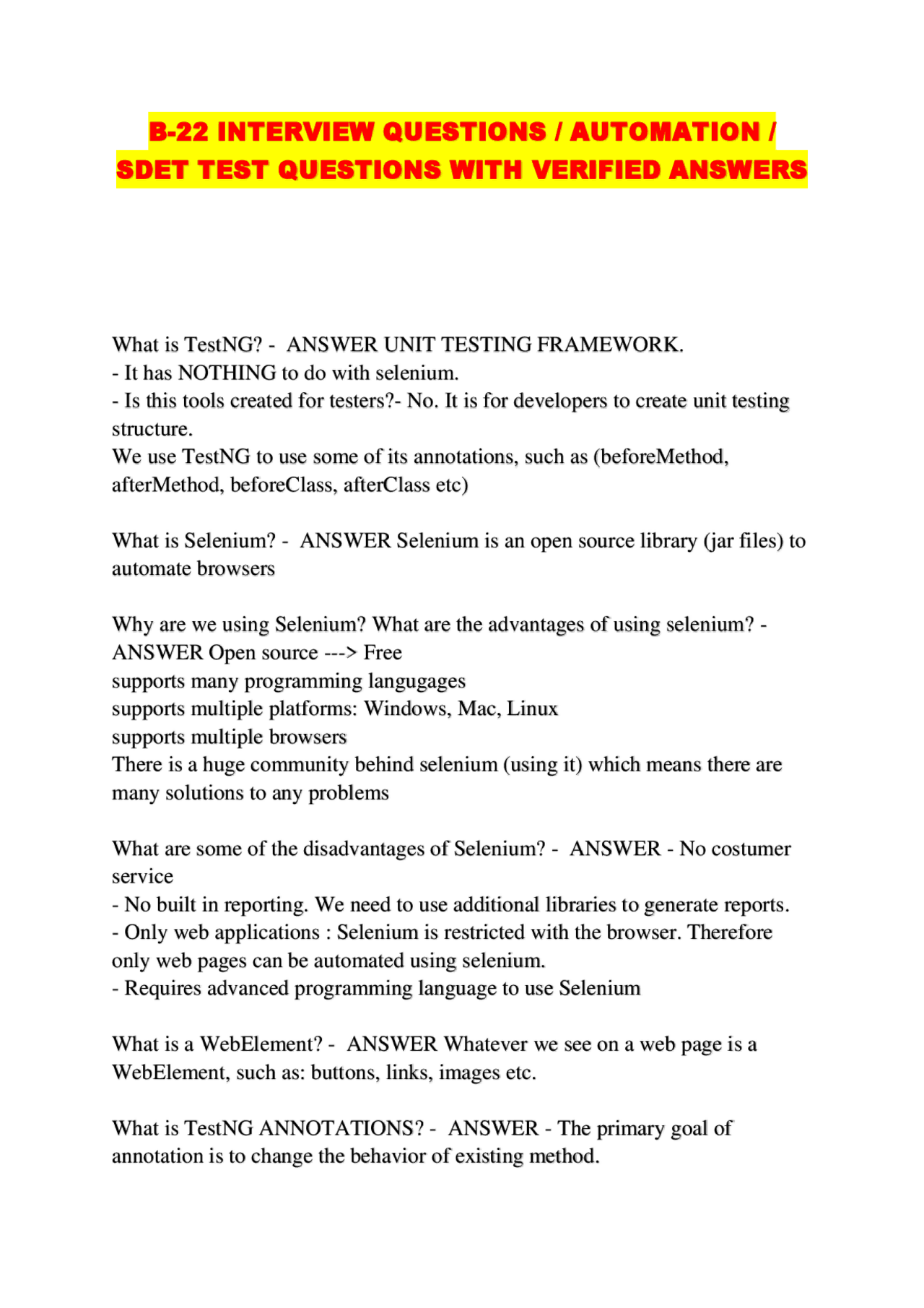 for this assignment, code the B-22 INTERVIEW QUESTIONS AUTOMATION -SDET TEST QUESTIONS WITH VERIFIED ...
