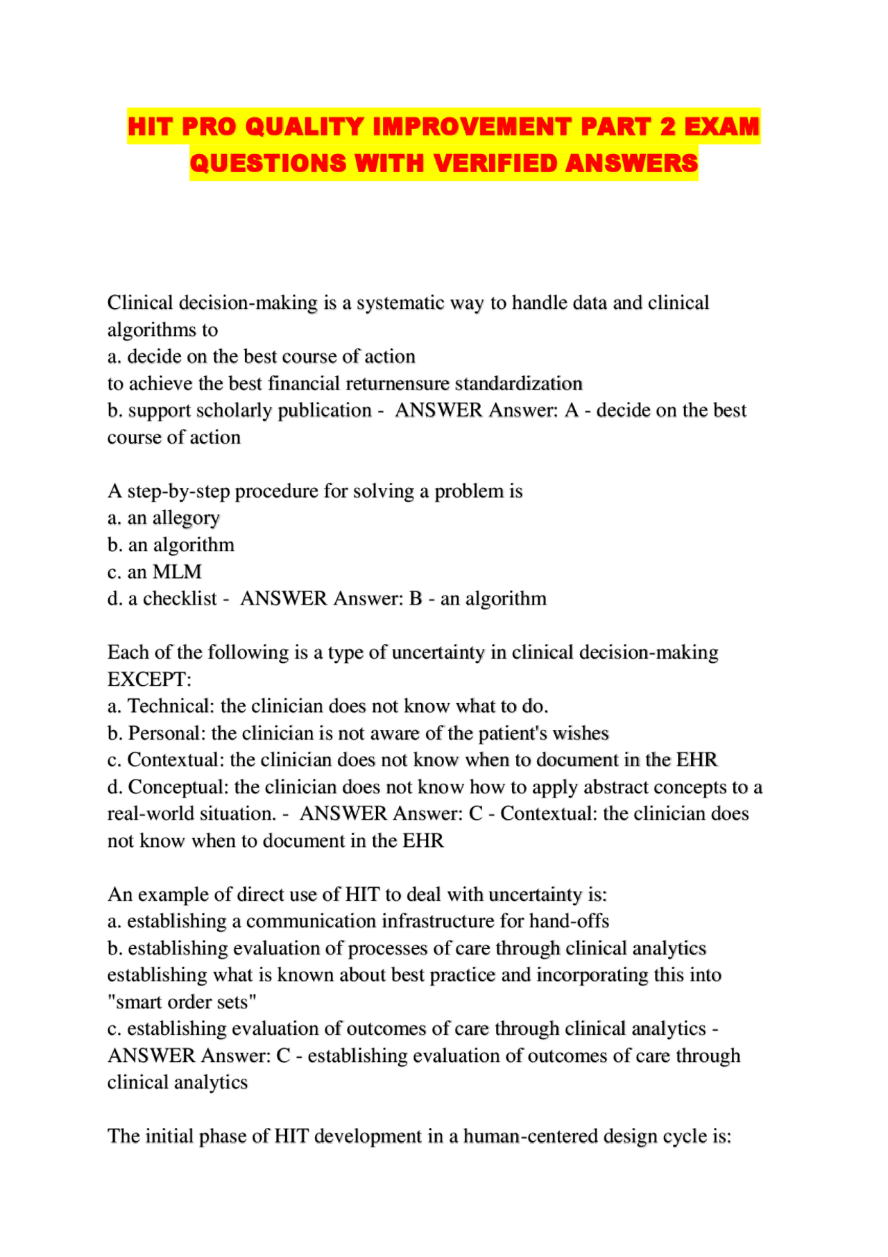HIT Quality Improvement: Exam Questions and Answers | Exams Public ...