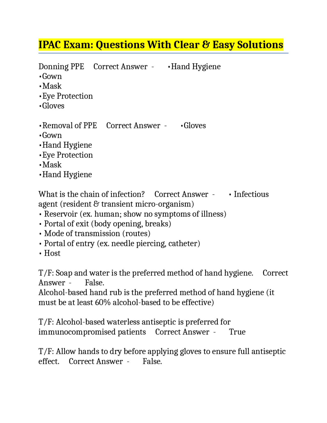IPAC Exam: Questions With Clear & Easy Solutions | Exams Nursing | Docsity