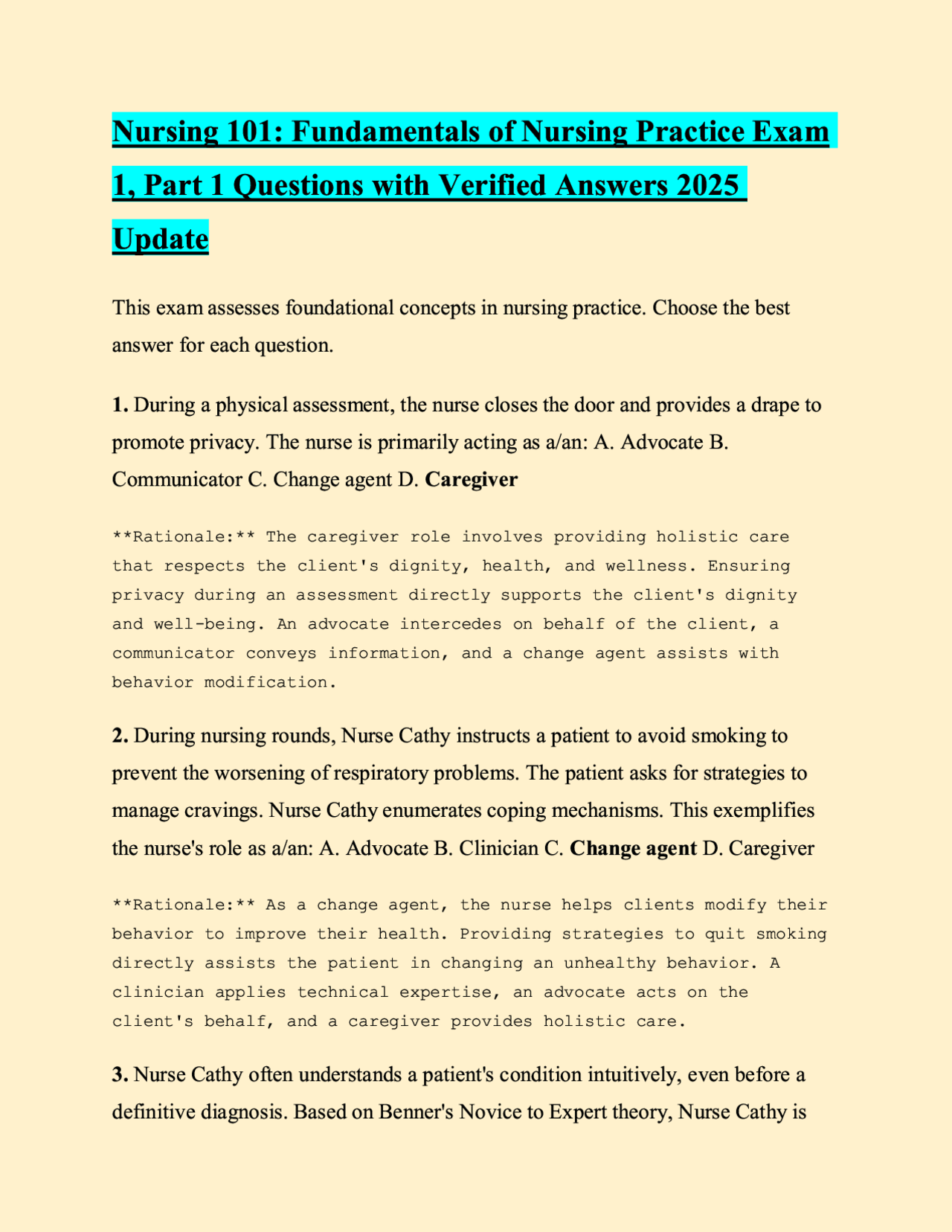 Nursing 101: Fundamentals of Nursing Practice Exam 1, Part 1 Questions ...