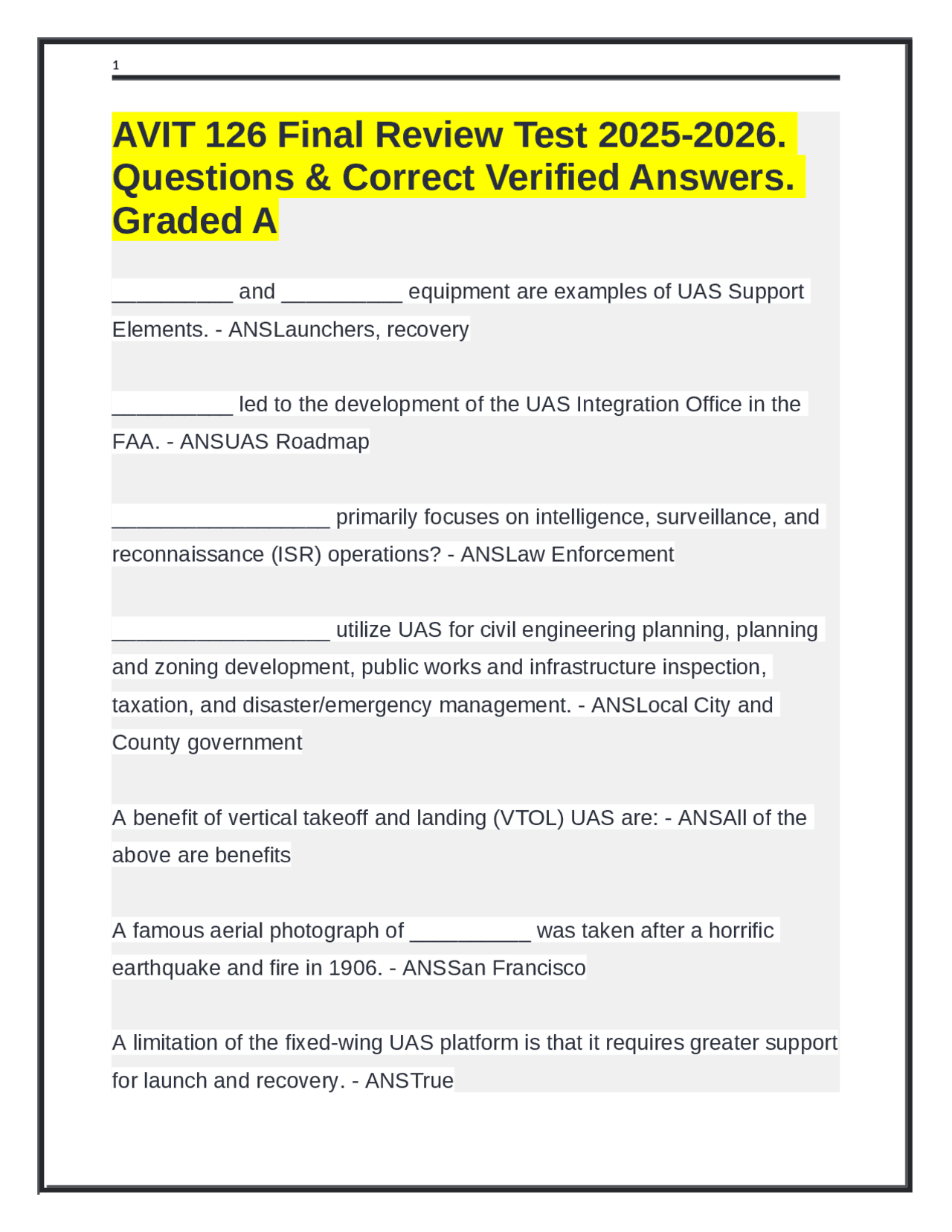 AVIT 126 Final Review Test 2025-2026. Questions & Correct Verified ...