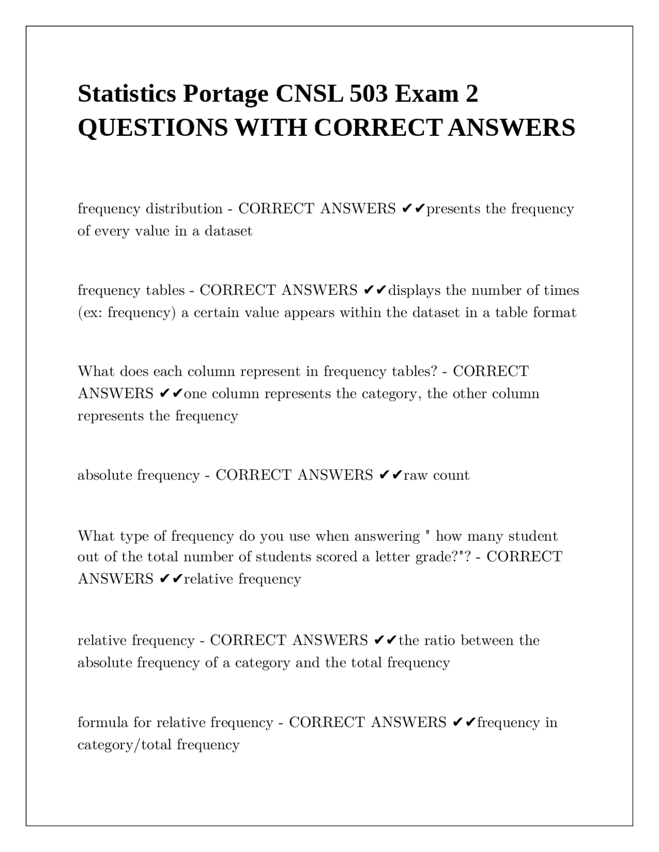 Statistics Portage CNSL 503 Exam 2 QUESTIONS WITH CORRECT ANSWERS ...