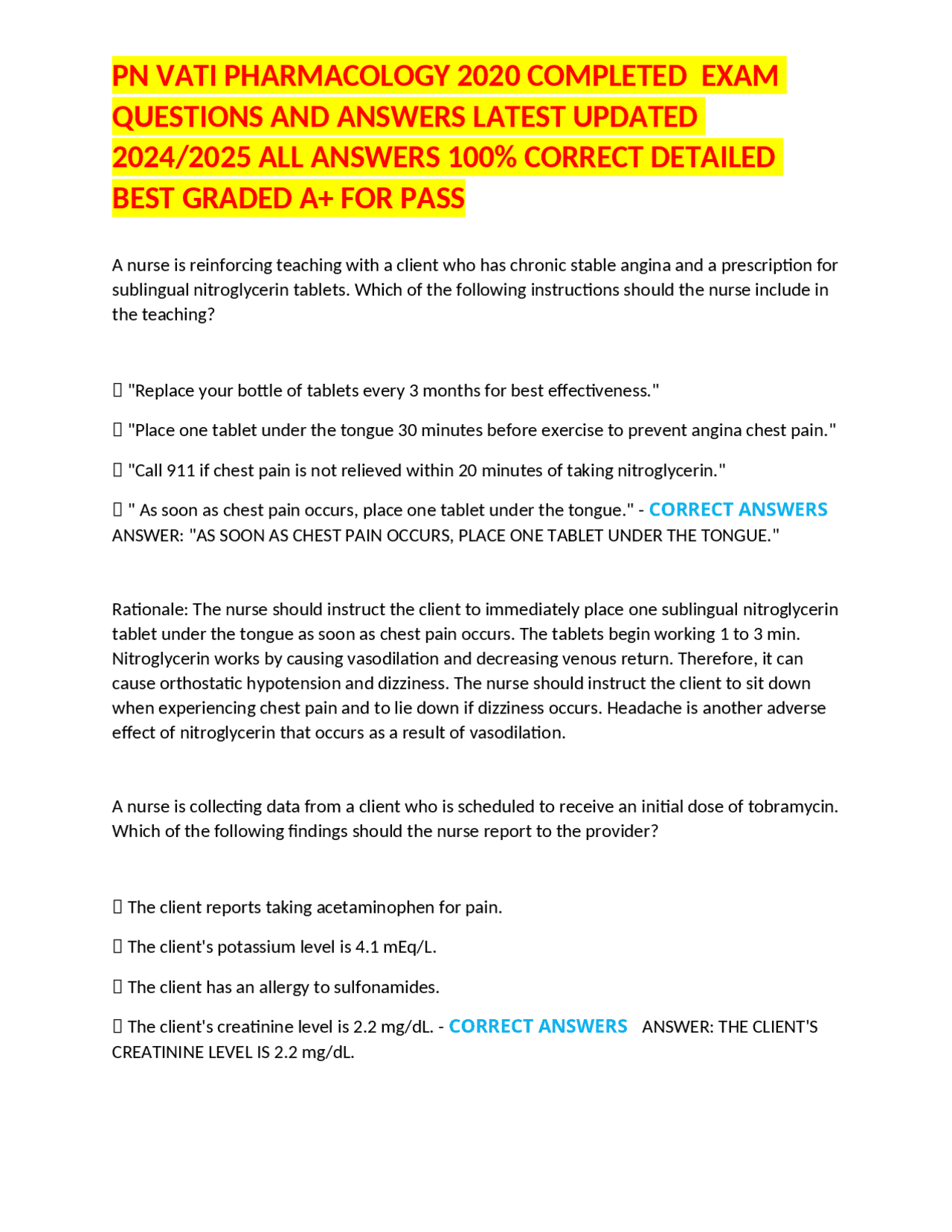 PN VATI PHARMACOLOGY 2020 COMPLETED EXAM QUESTIONS AND ANSWERS LATEST UPDATED 2024/2025 A ...