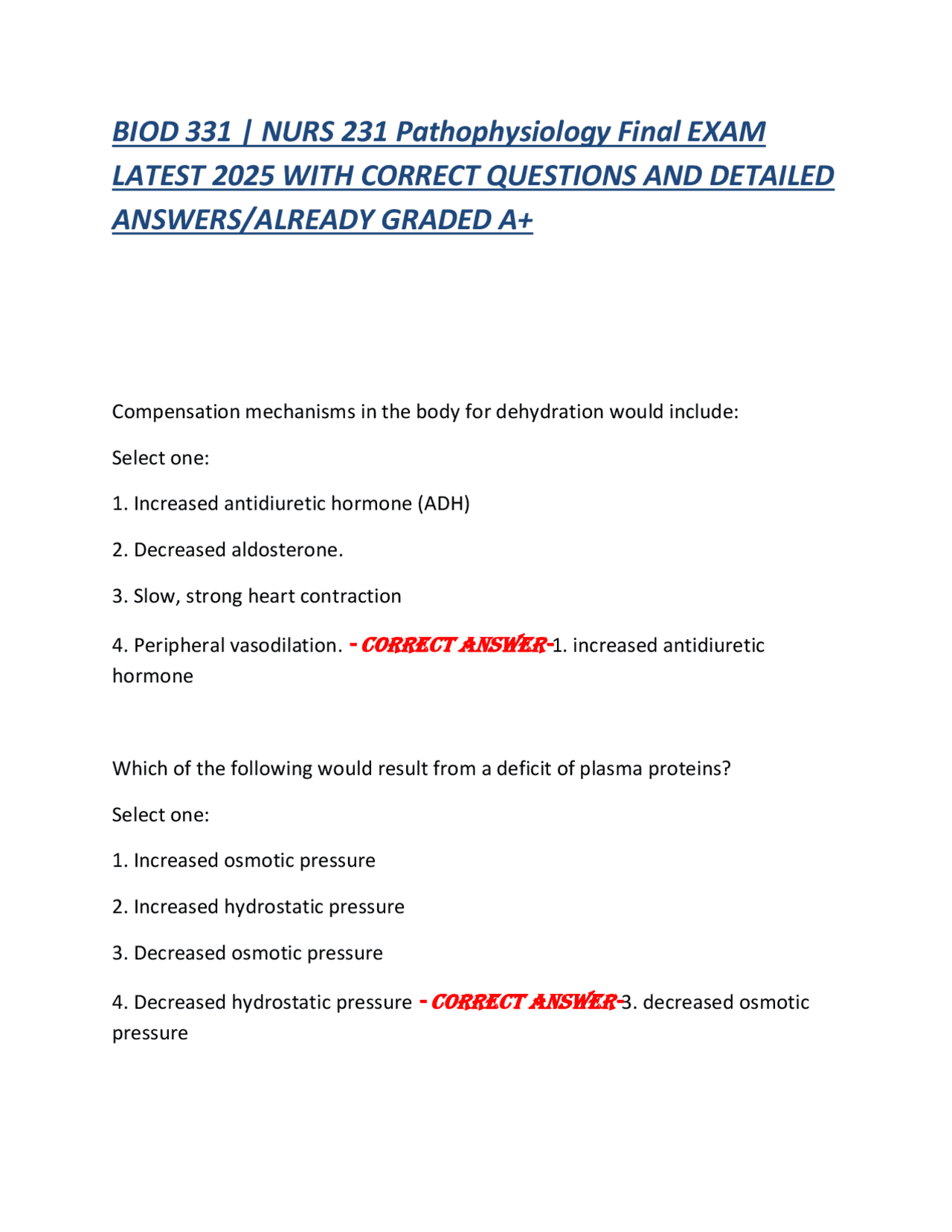 BIOD 331 | NURS 231 Pathophysiology Final EXAM LATEST 2025 WITH CORRECT ...