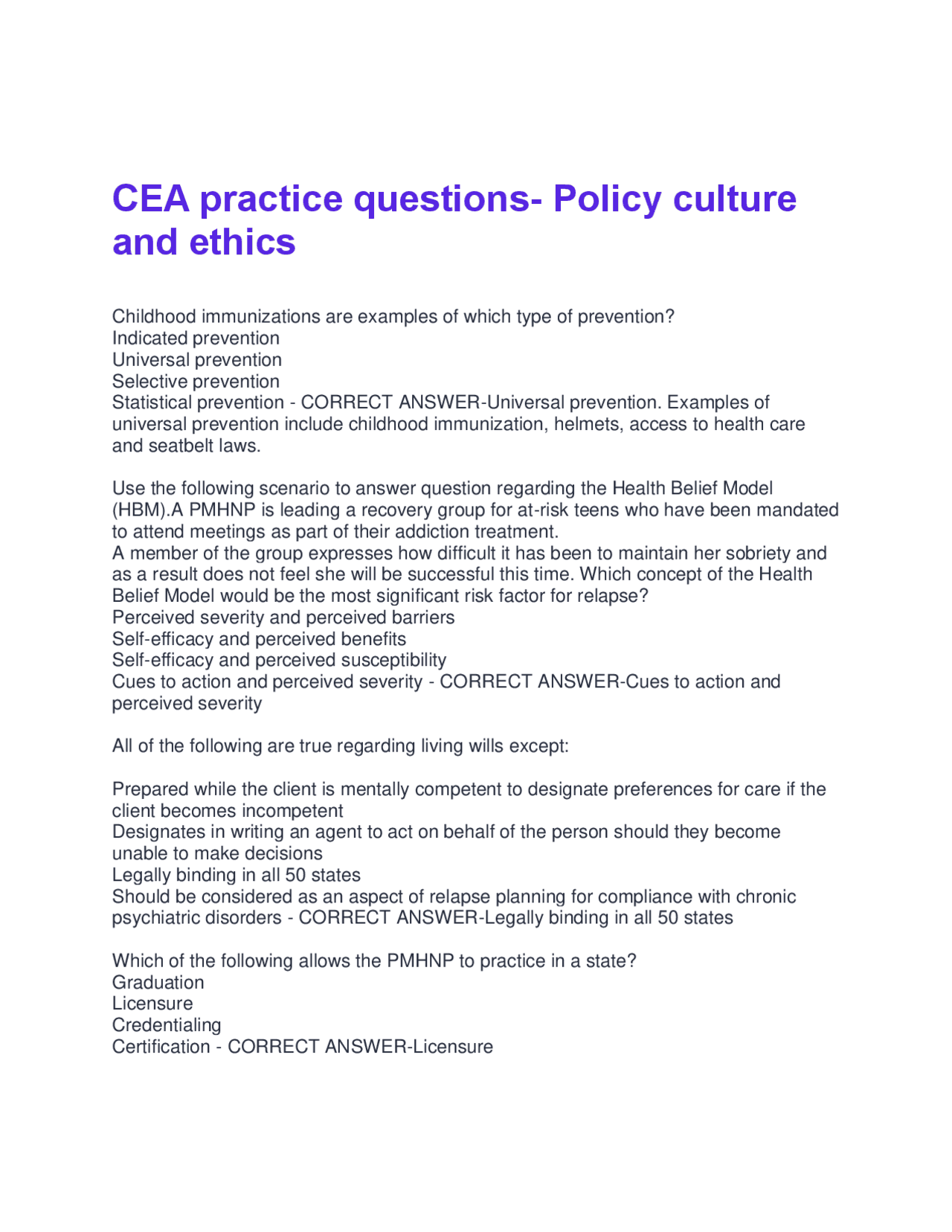 CEA Practice Questions: Policy, Culture, Ethics in Healthcare | Exams ...