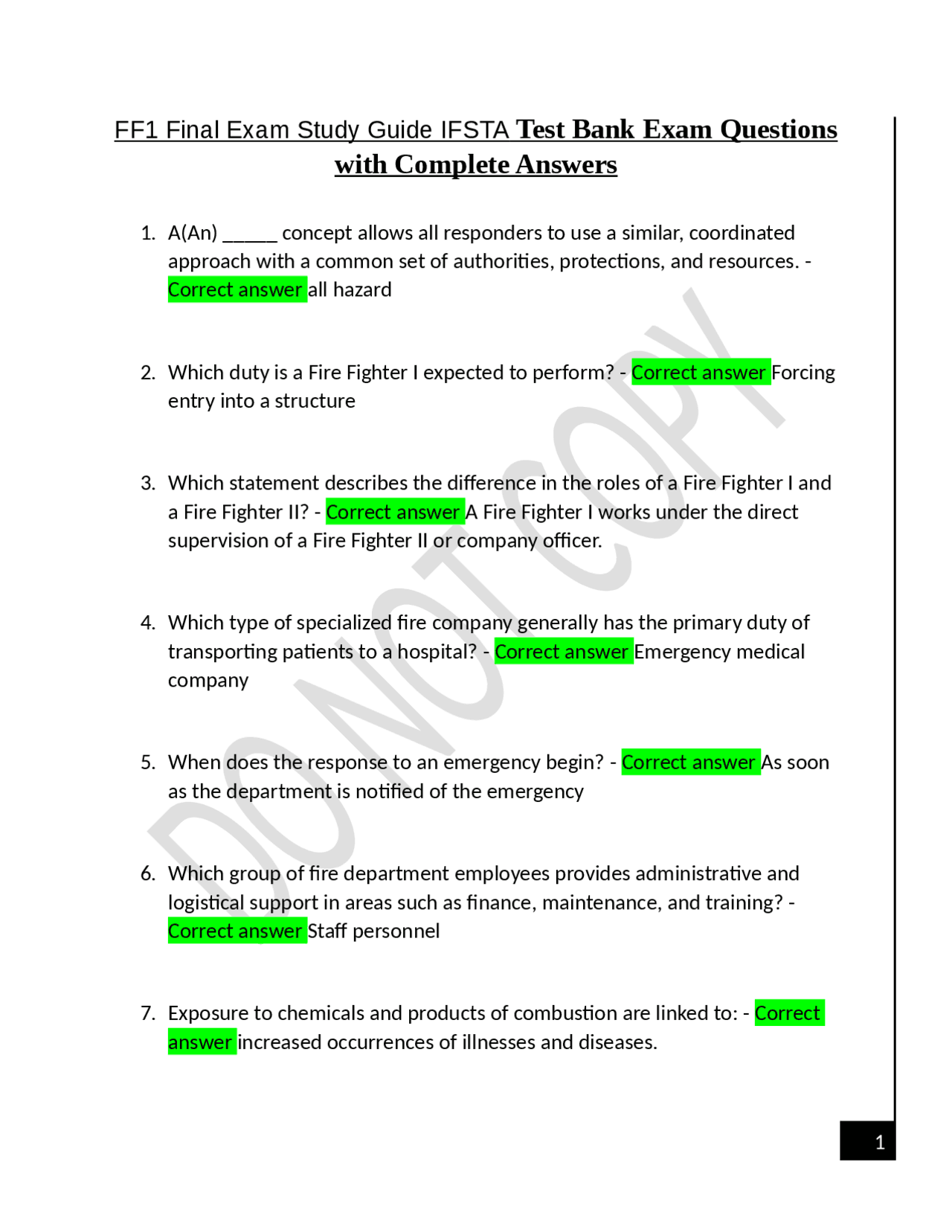 FF1 Final Exam Study Guide IFSTA Test Bank Exam Questions with Complete ...