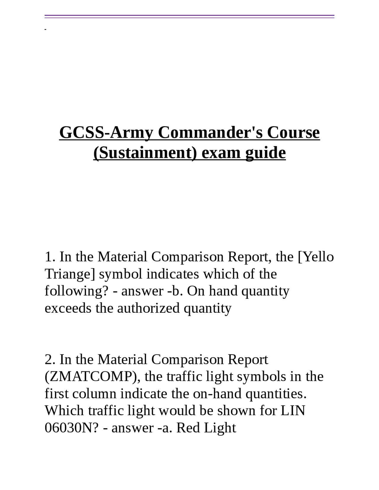 GCSS-Army Commander's Course (Sustainment) exam guide.docx | Exams ...
