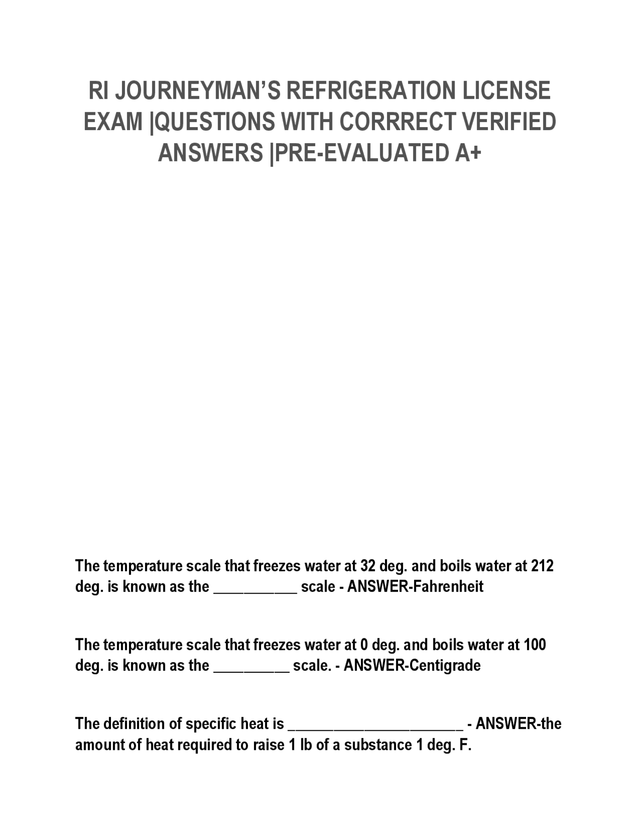 RI JOURNEYMAN’S REFRIGERATION LICENSE EXAM |QUESTIONS WITH CORRRECT ...