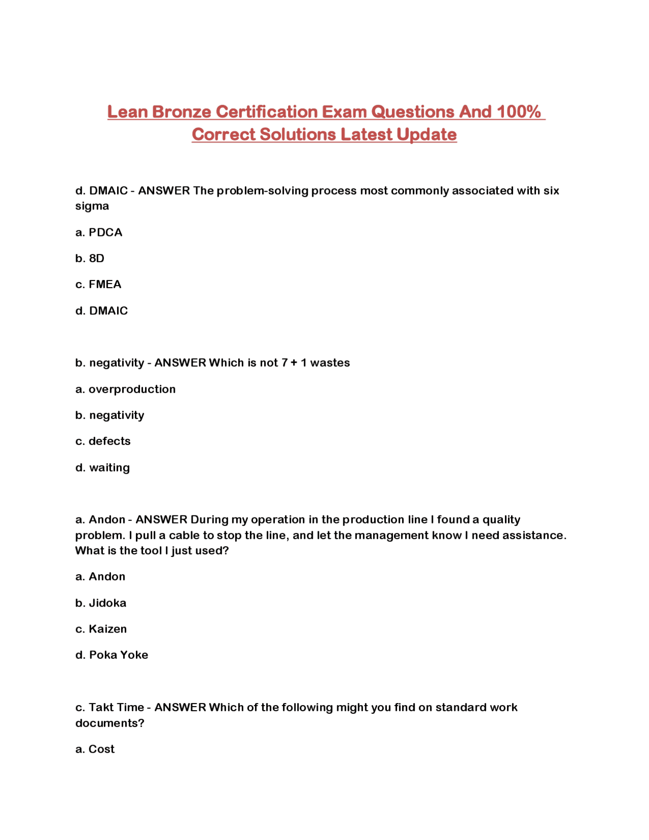 Lean Bronze Lean Bronze Certification Exam Questions and Answers | Exams Advanced ...