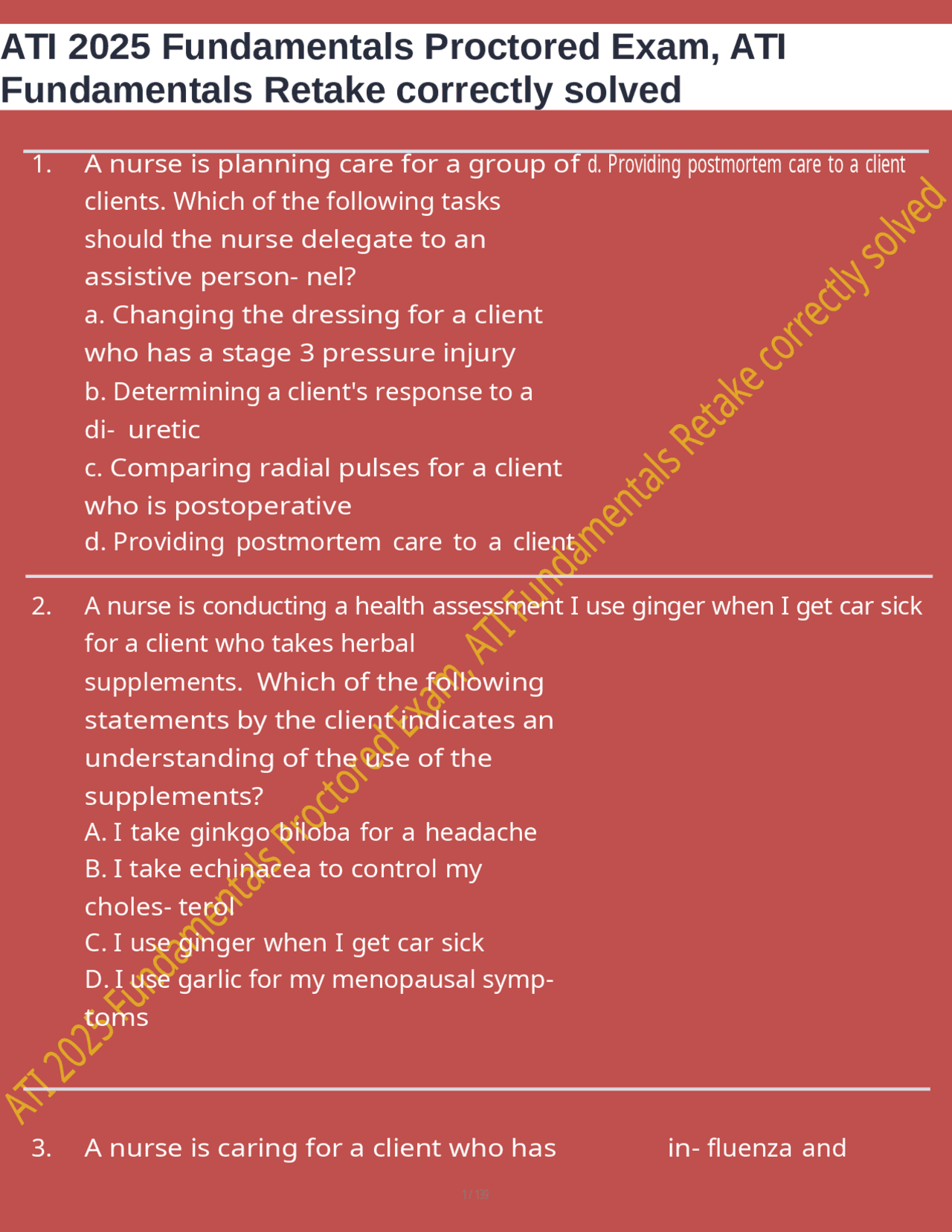 ATI 2025 Fundamentals Proctored Exam, ATI Fundamentals Retake correctly ...