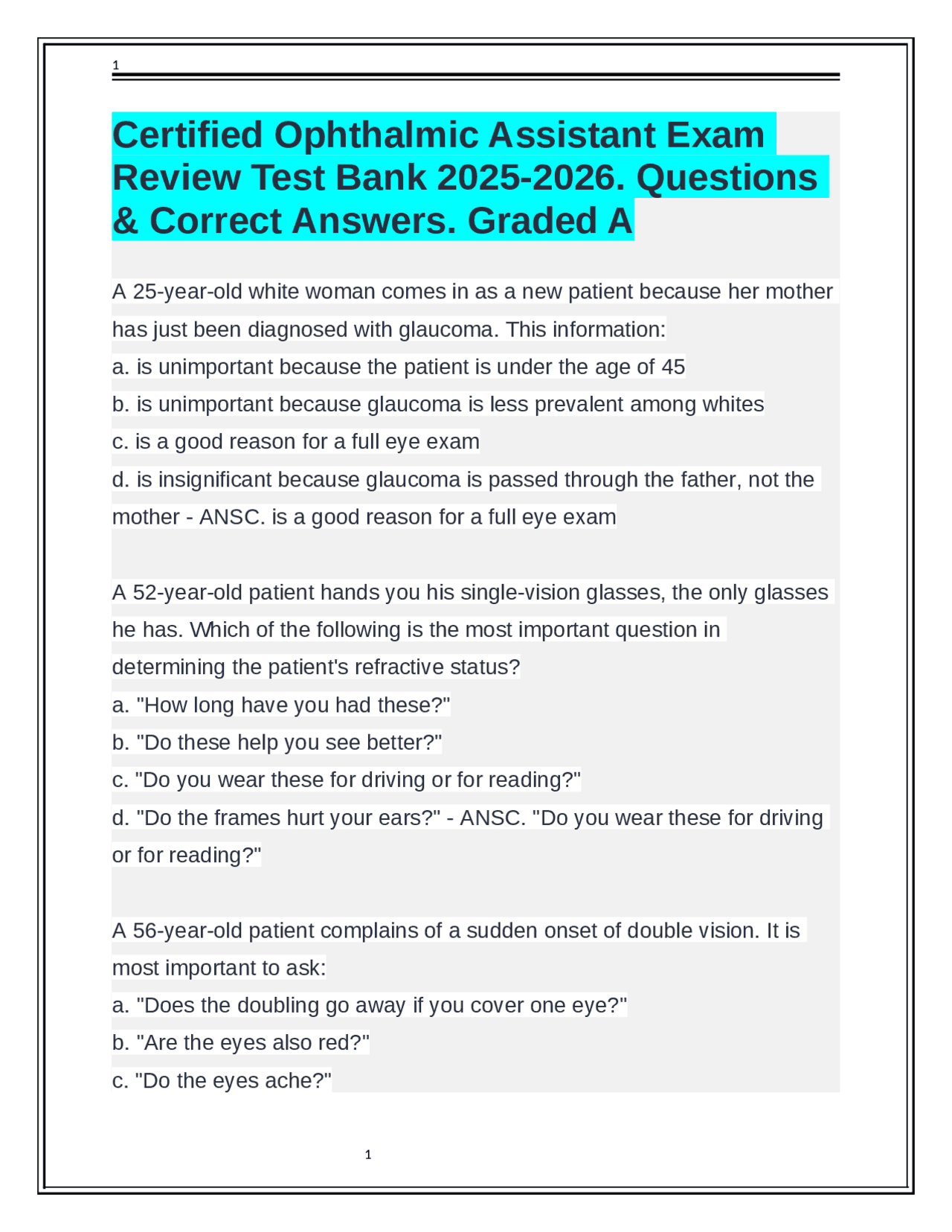 Certified Ophthalmic Assistant Exam Review Test Bank 2025-2026 ...