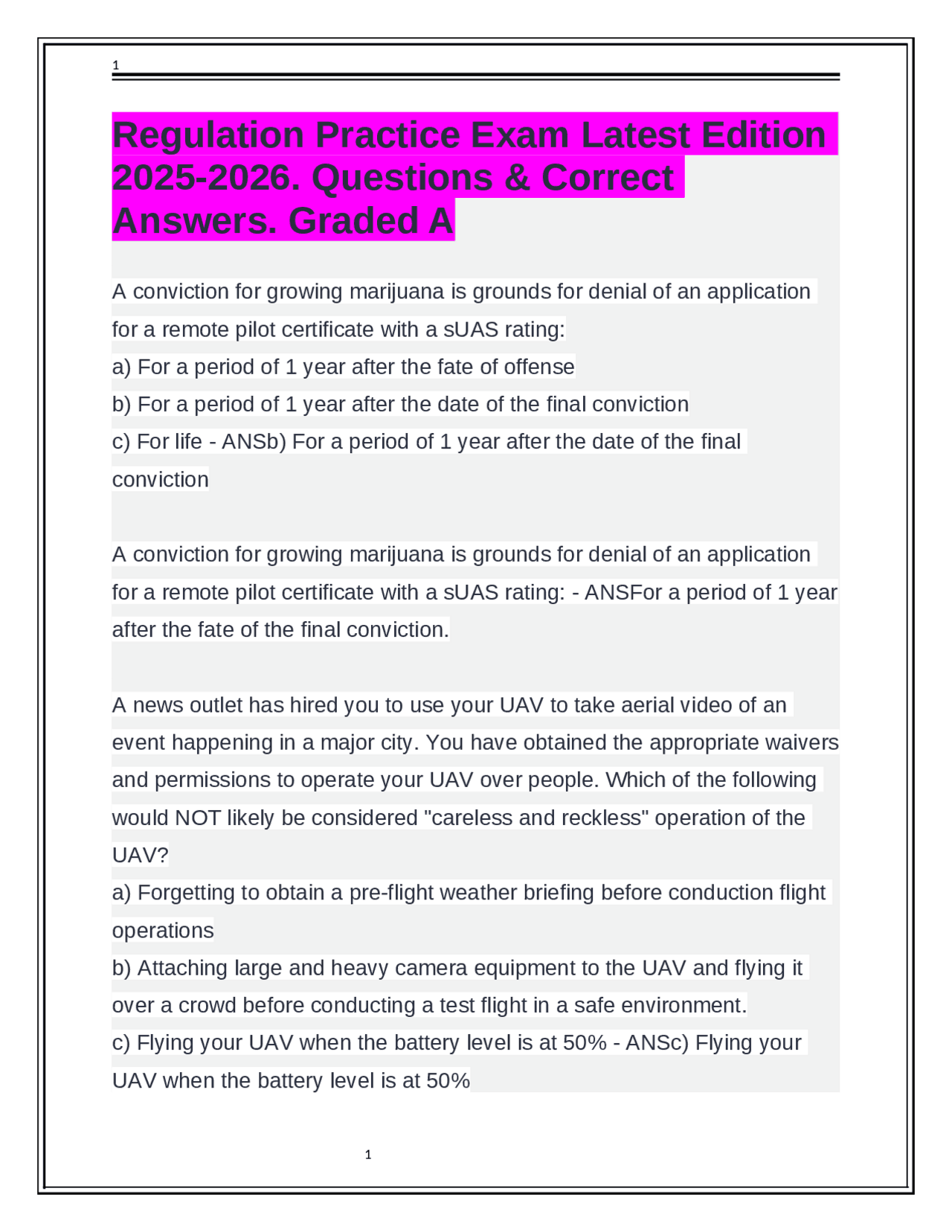 Sample Regulation Question Regulation Practice Exam Latest Edition 2025-2026. Questions & Correct ...