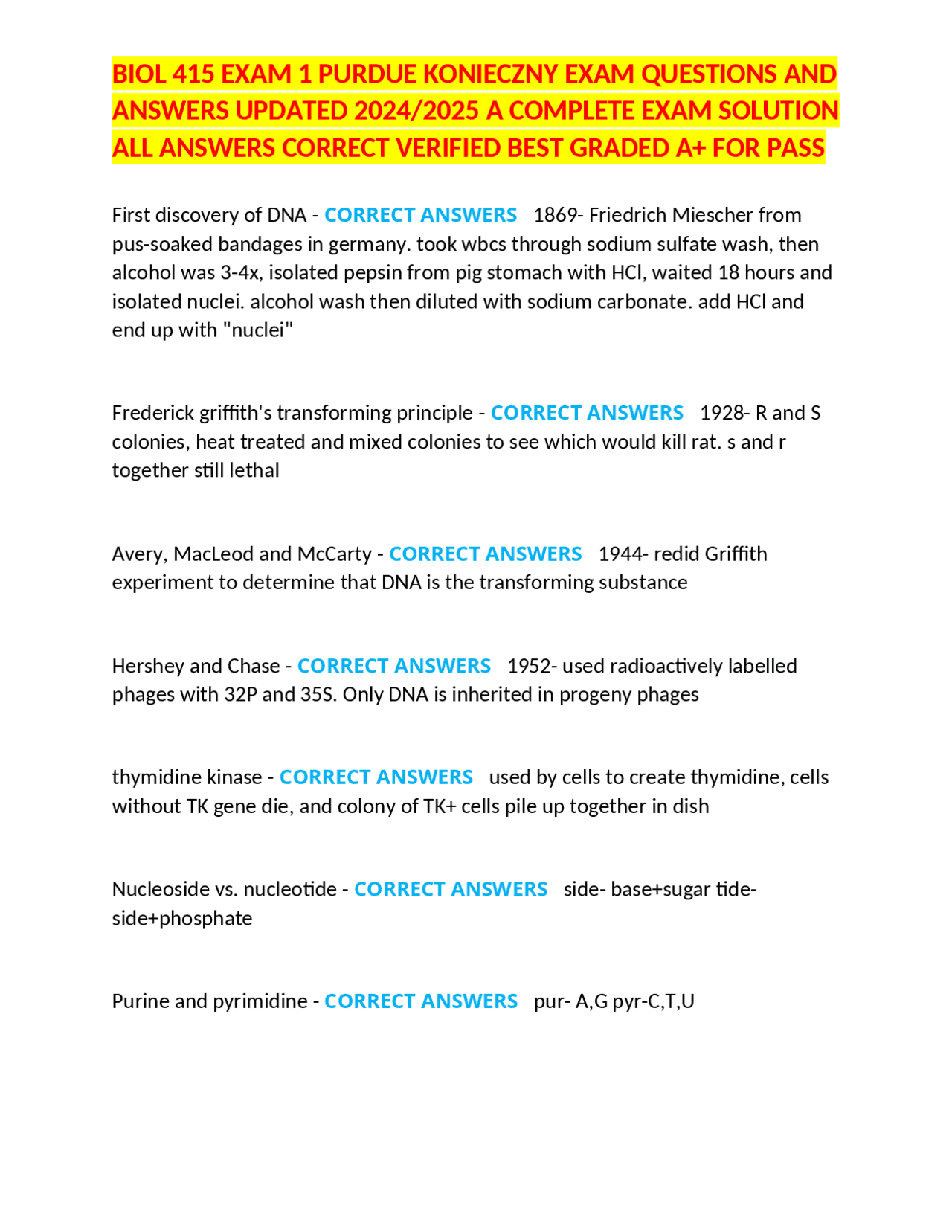 BIOL 415 EXAM 1 PURDUE KONIECZNY EXAM QUESTIONS AND ANSWERS UPDATED ...