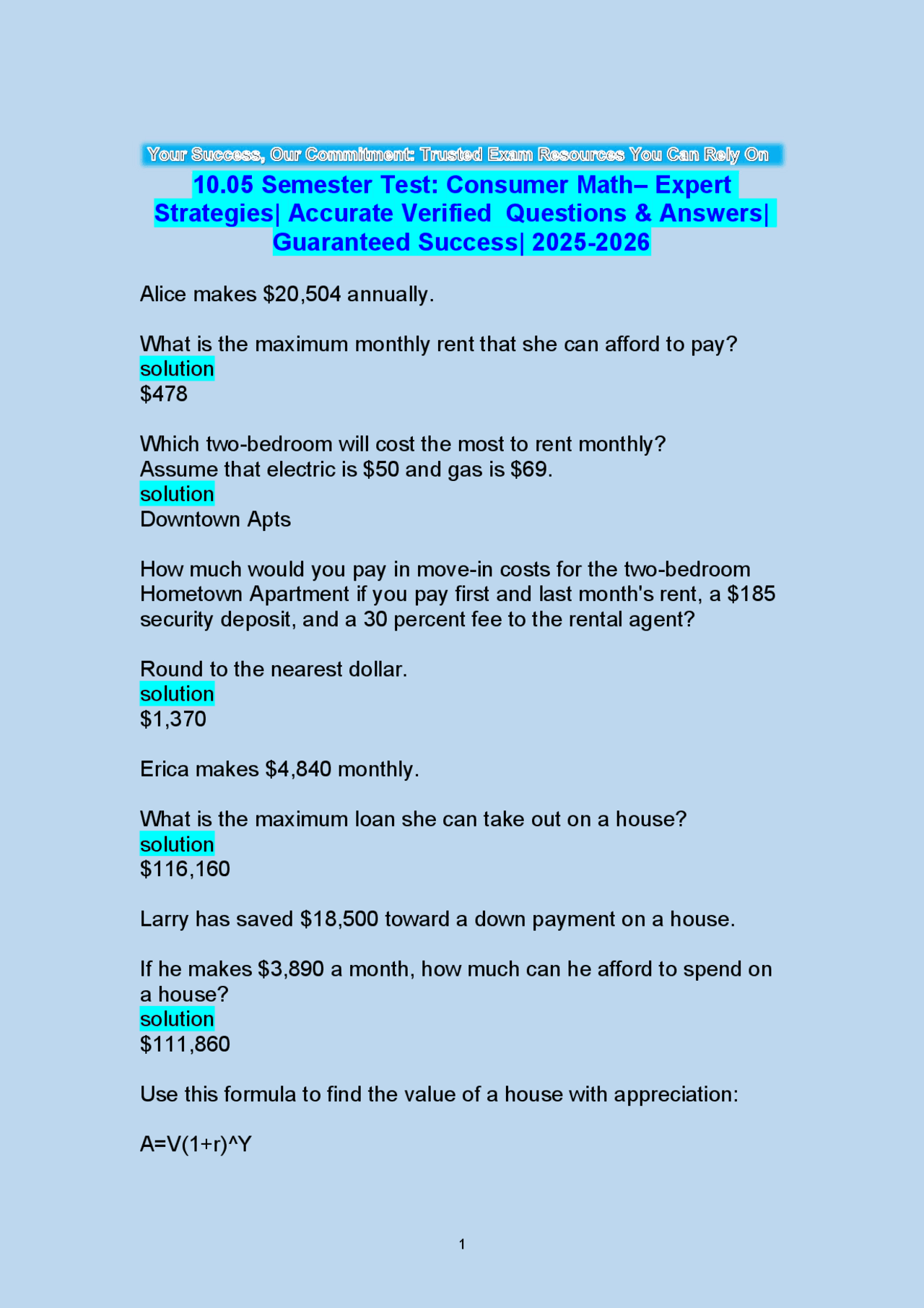 10.05 Semester Test: Consumer Math– Expert Strategies| Accurate ...