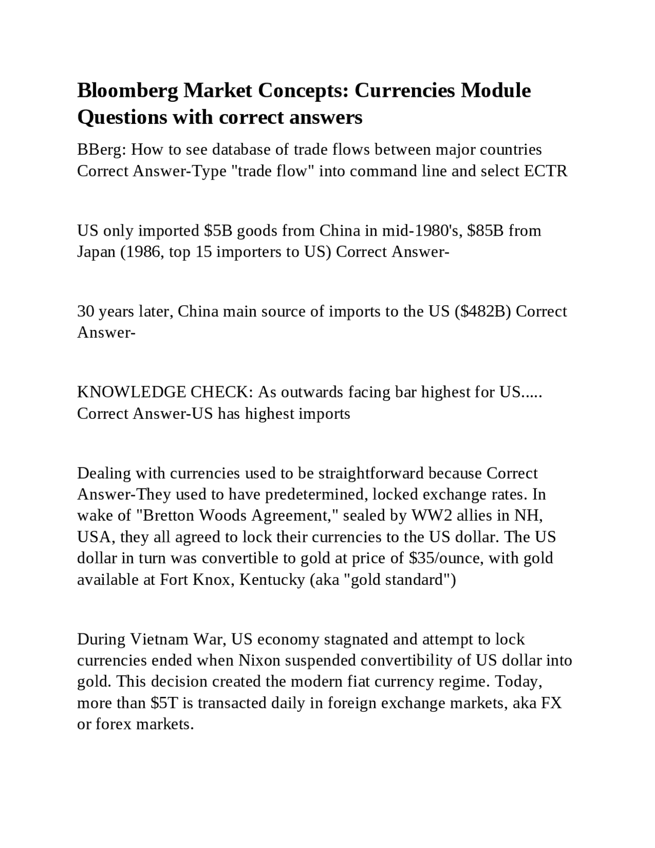 Bloomberg Market Concepts: Currencies Module Questions with correct ...