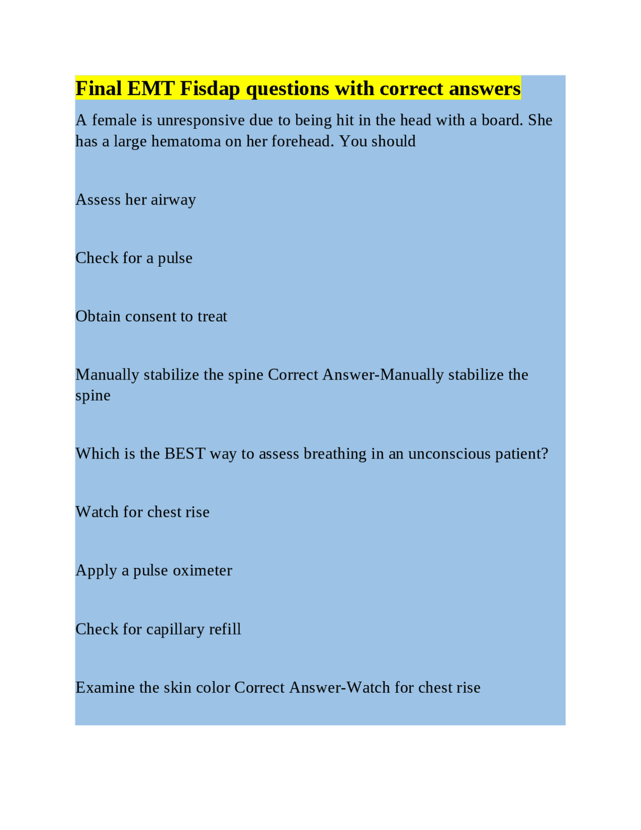 Final EMT Fisdap questions with correct answers | Exams Nursing | Docsity
