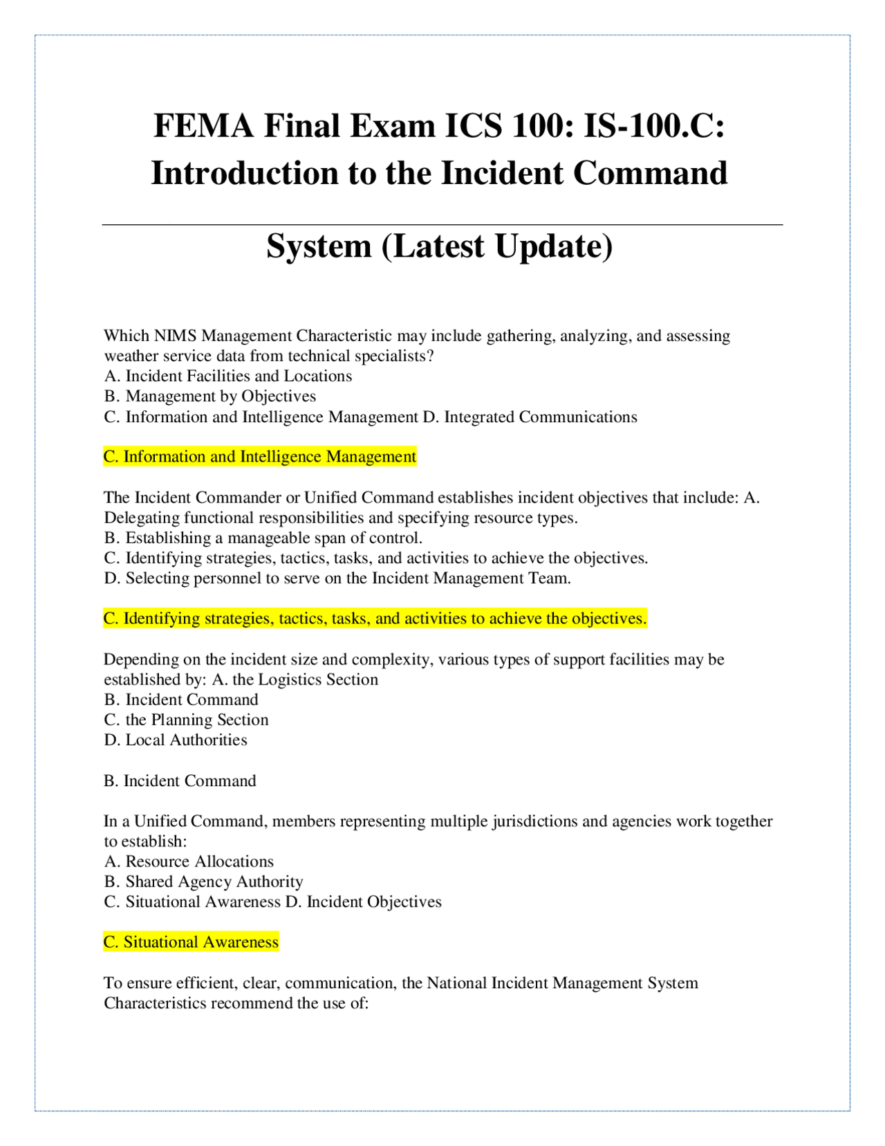 FEMA Final Exam ICS 100: Introduction to the Incident Command System ...