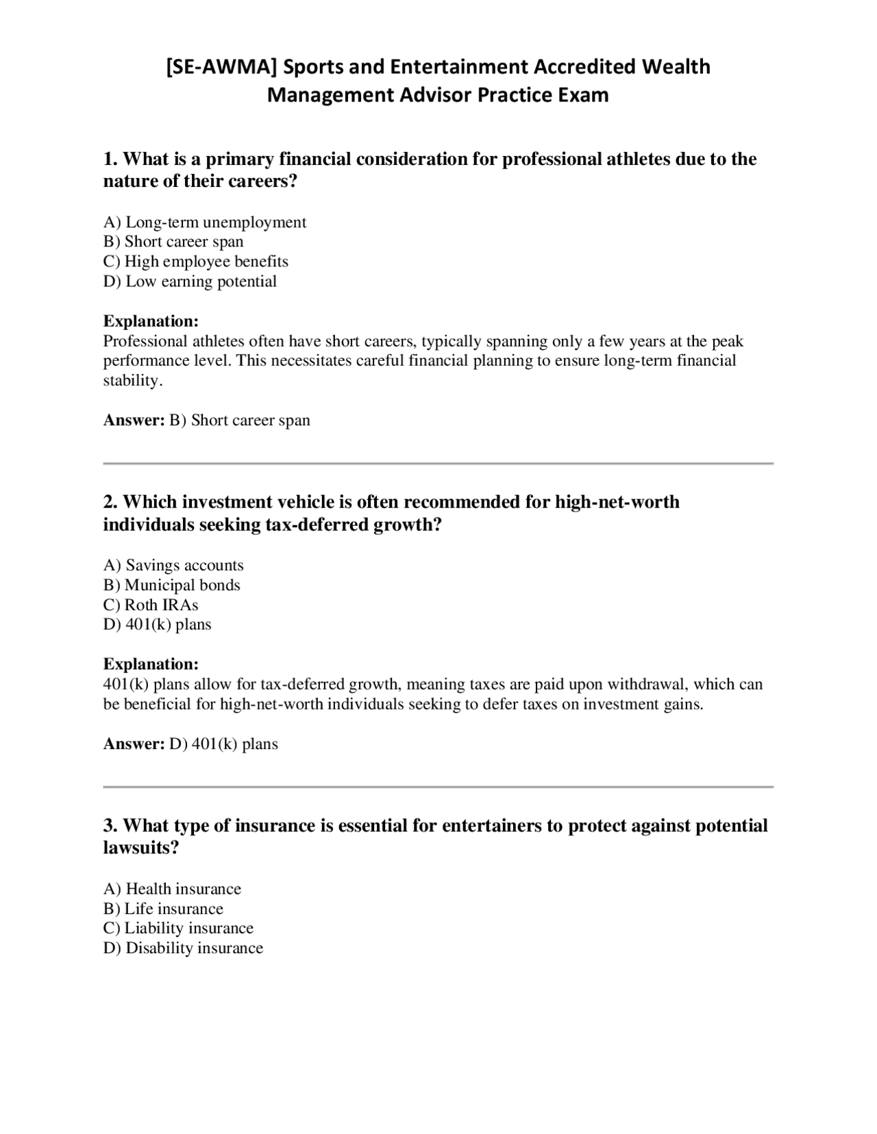 [SE-AWMA] Sports and Entertainment Accredited Wealth Management Advisor Practice Exam | Exams ...