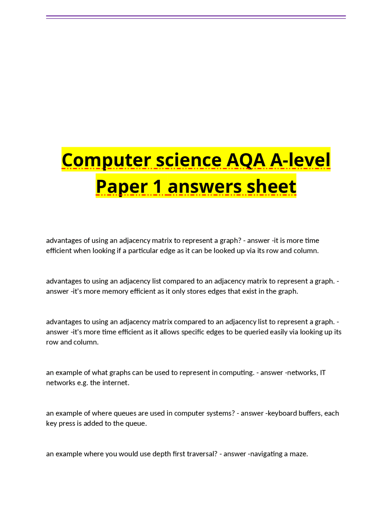 Computer science AQA A-level Paper 1 answers sheet.docx | Exams Nursing ...