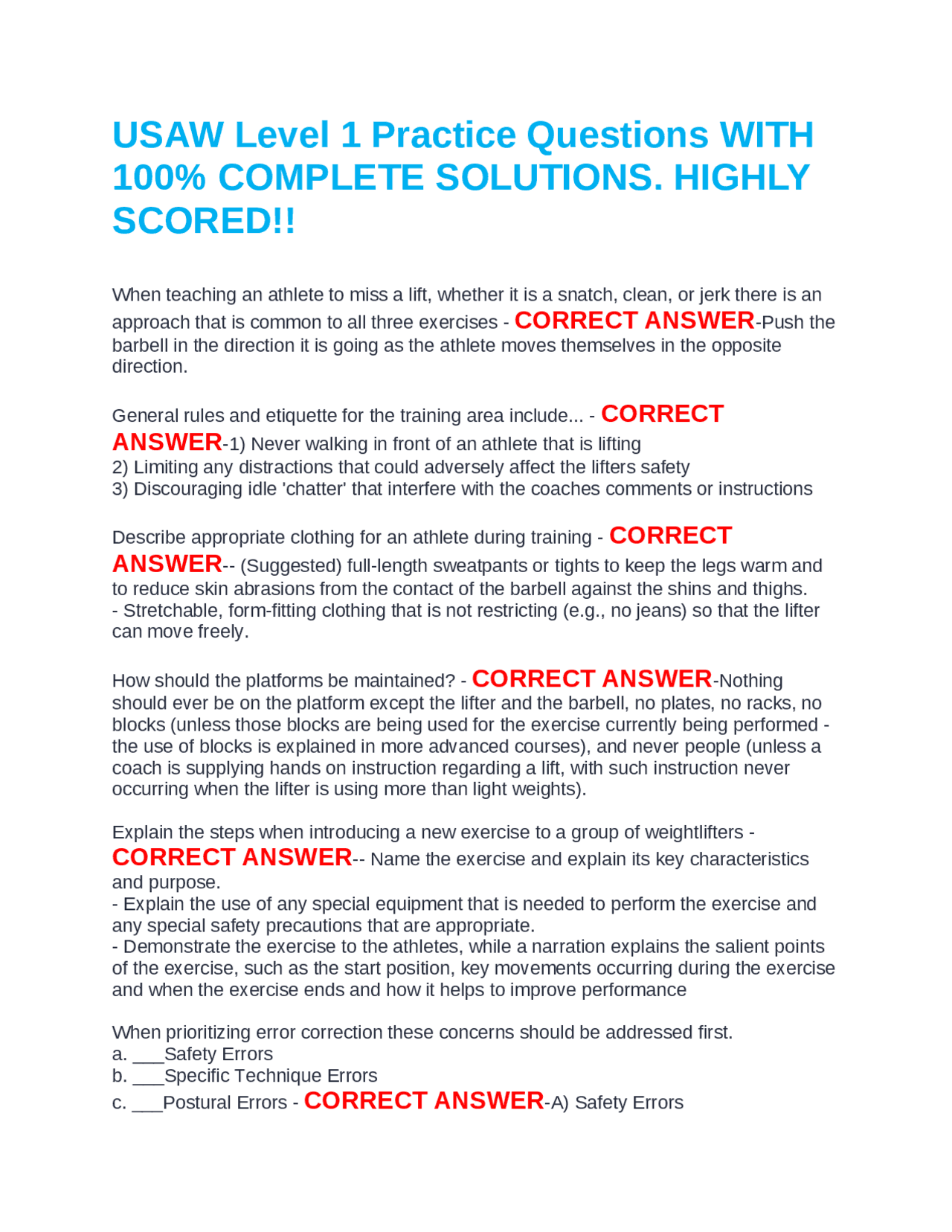 USAW Level 1 Practice Questions WITH 100% COMPLETE SOLUTIONS. HIGHLY ...