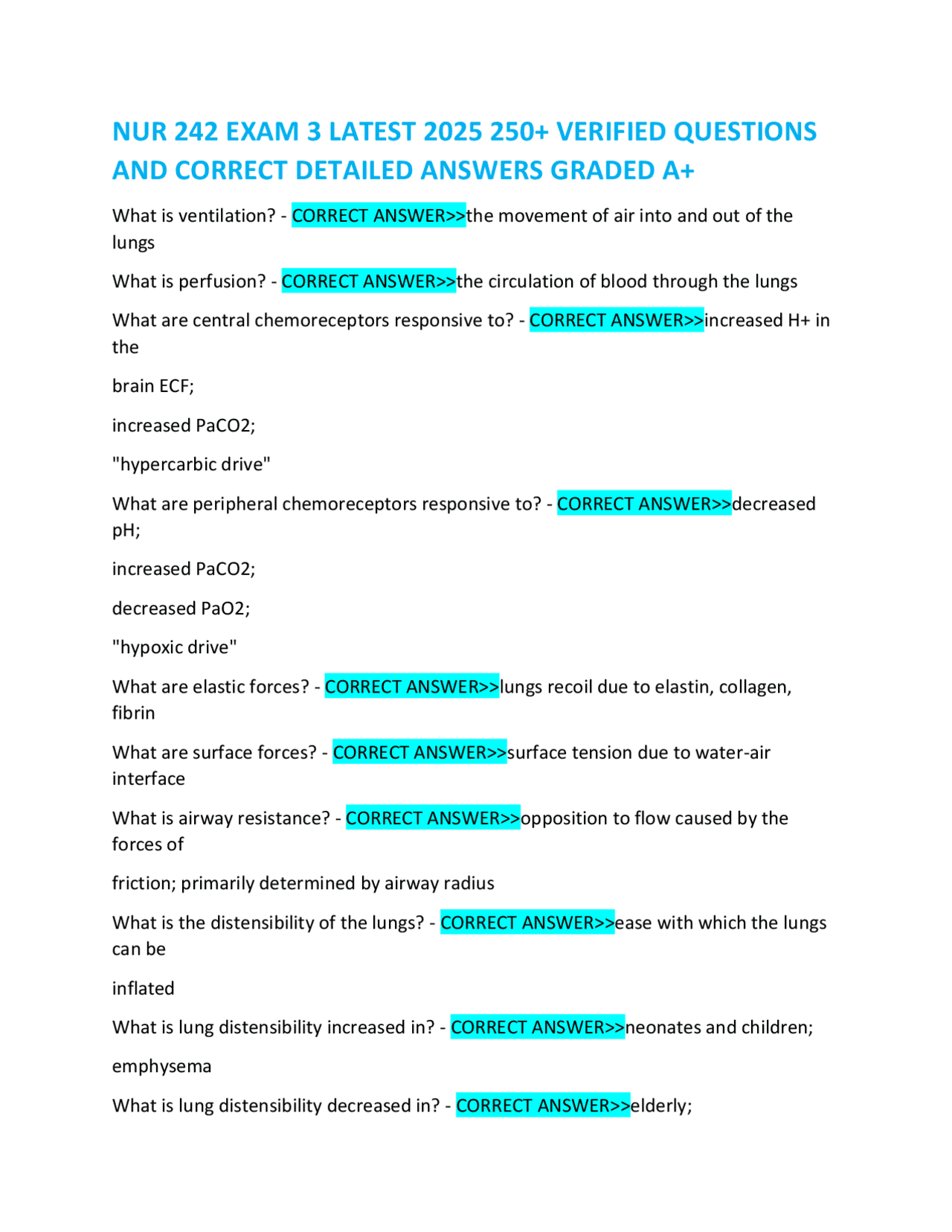NUR 242 Exam 3: Respiratory System Questions and Answers | Exams ...