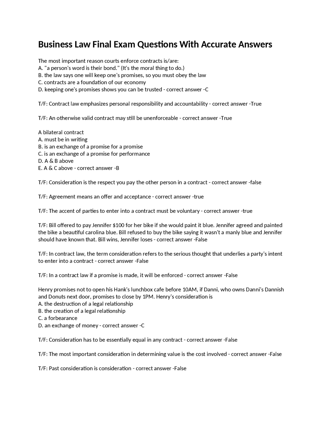 Business Law Final Exam Questions With Accurate Answers | Exams ...