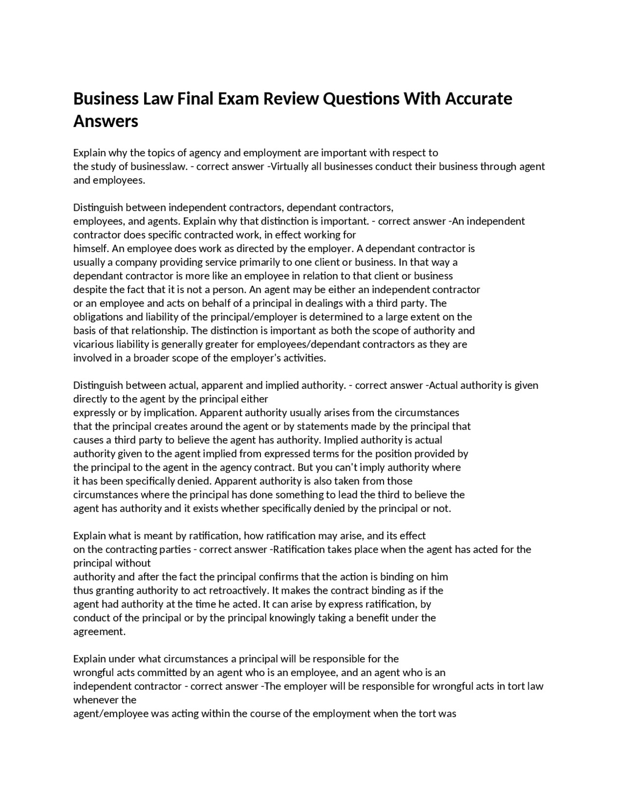 Business Law Final Exam Review Questions With Accurate Answers | Exams ...