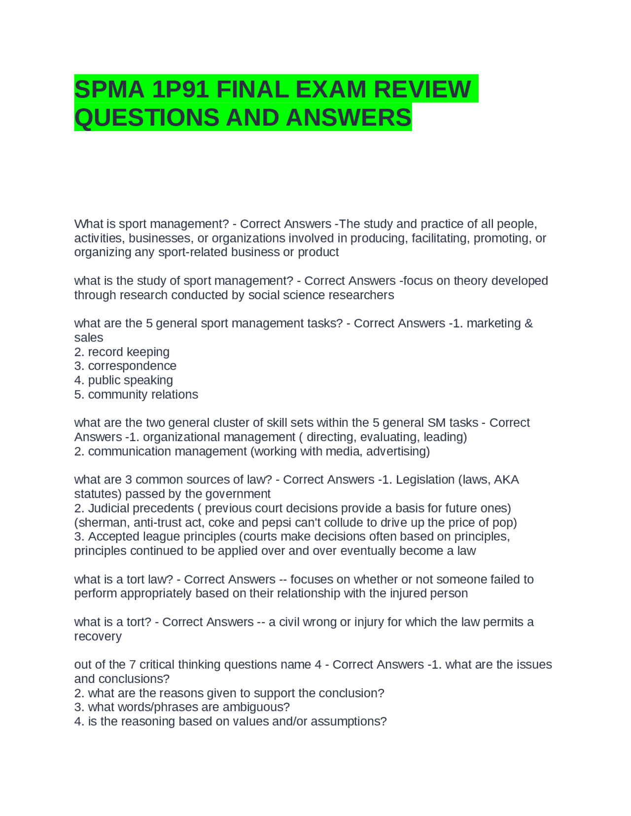 SPMA 1P91 FINAL EXAM REVIEW QUESTIONS AND ANSWERS | Exams Advanced ...