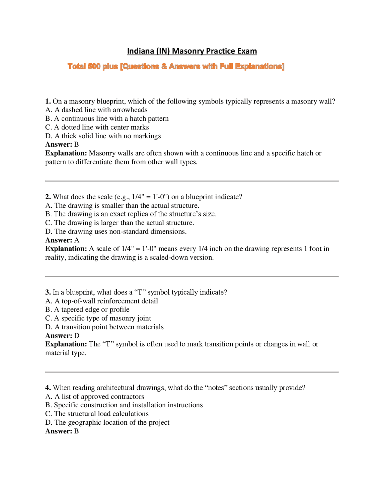 Masonry Practice Problem Indiana (IN) Masonry Practice Exam | Exams Technology | Docsity