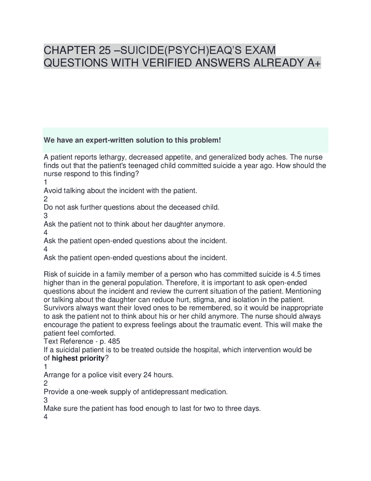CHAPTER 25 –SUICIDE(PSYCH)EAQ’S EXAM QUESTIONS WITH VERIFIED ANSWERS ...